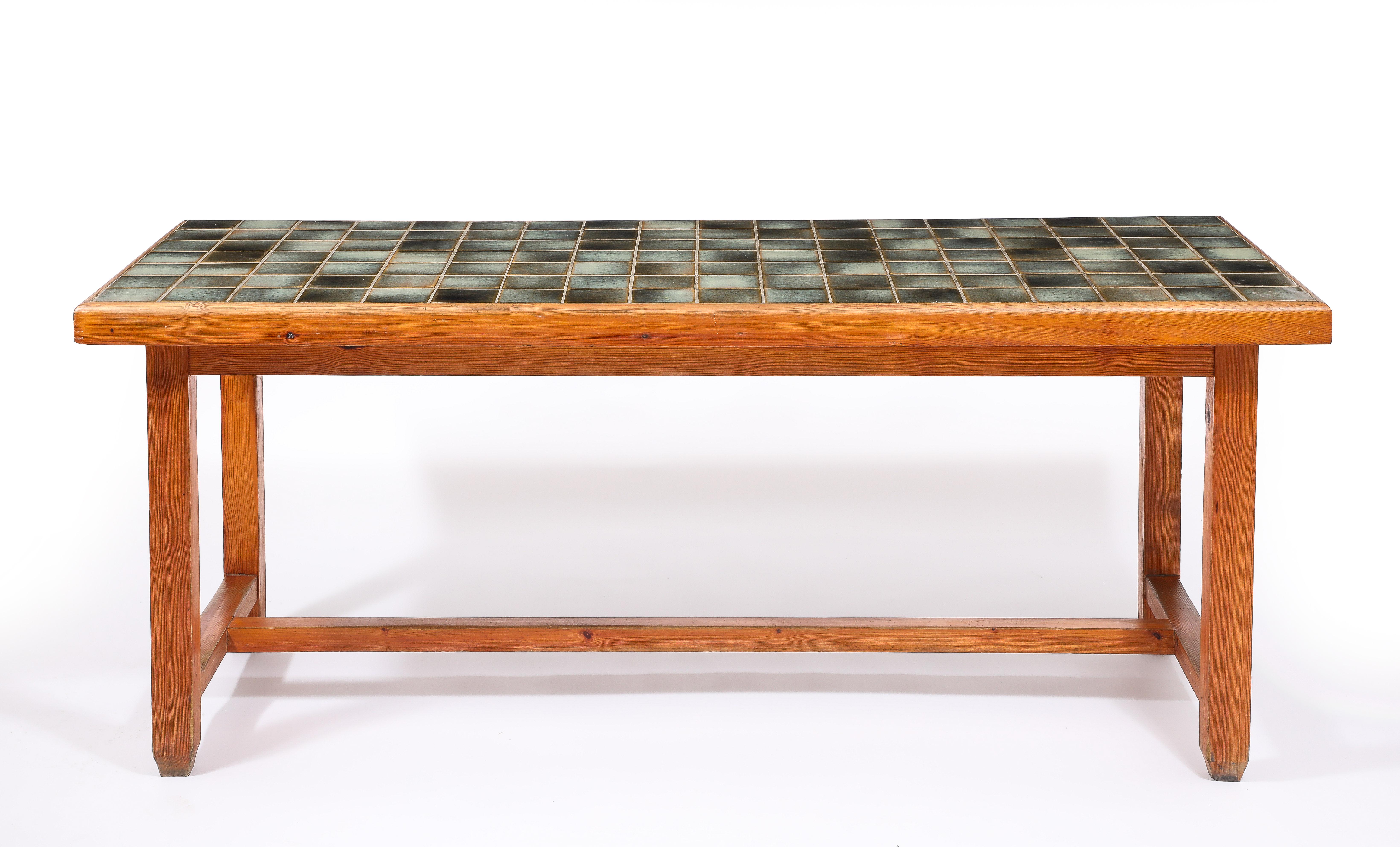 Large Elm and La Borne Tile Table, France 1950's For Sale 4