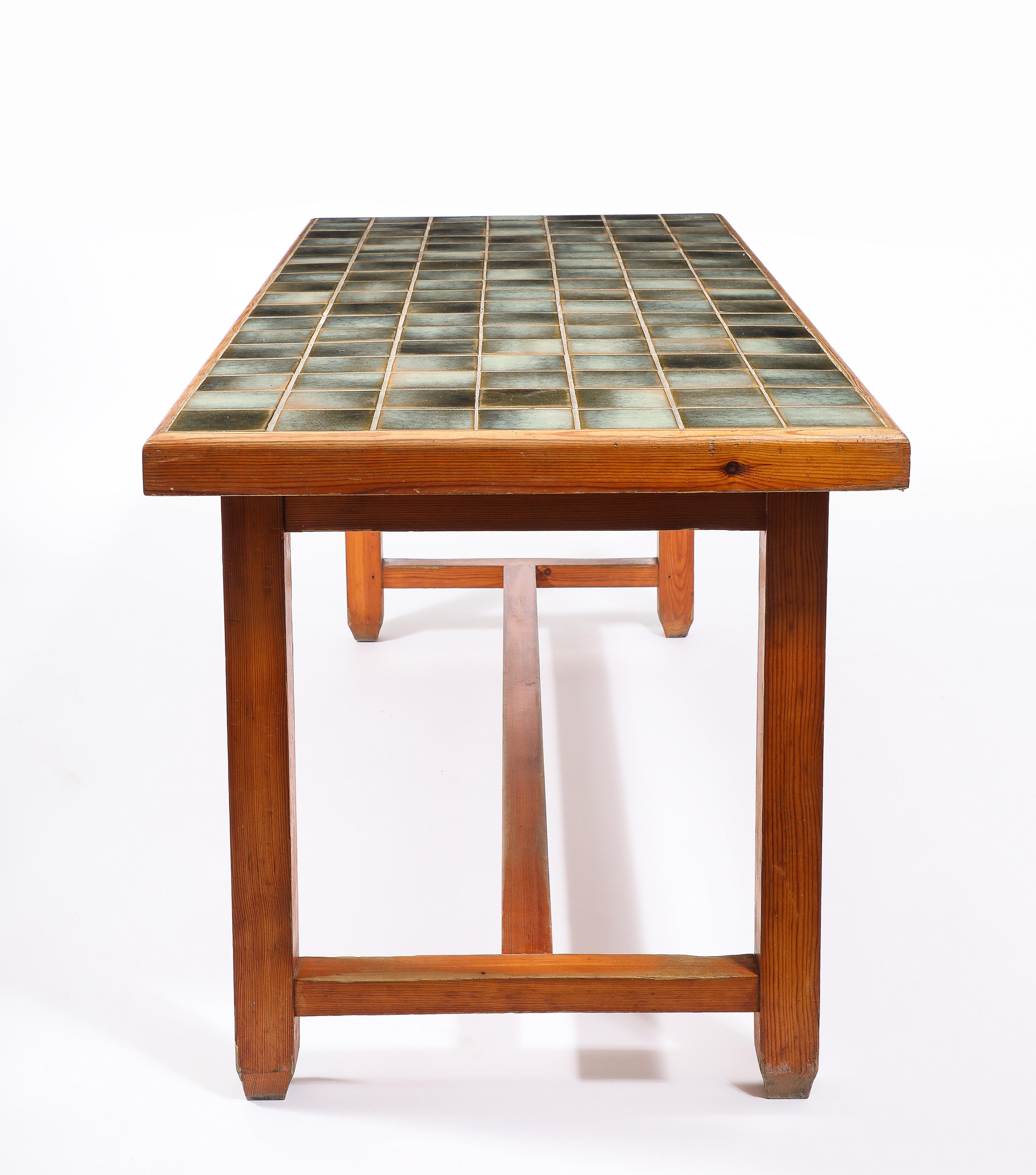 Large Elm and La Borne Tile Table, France 1950's For Sale 6