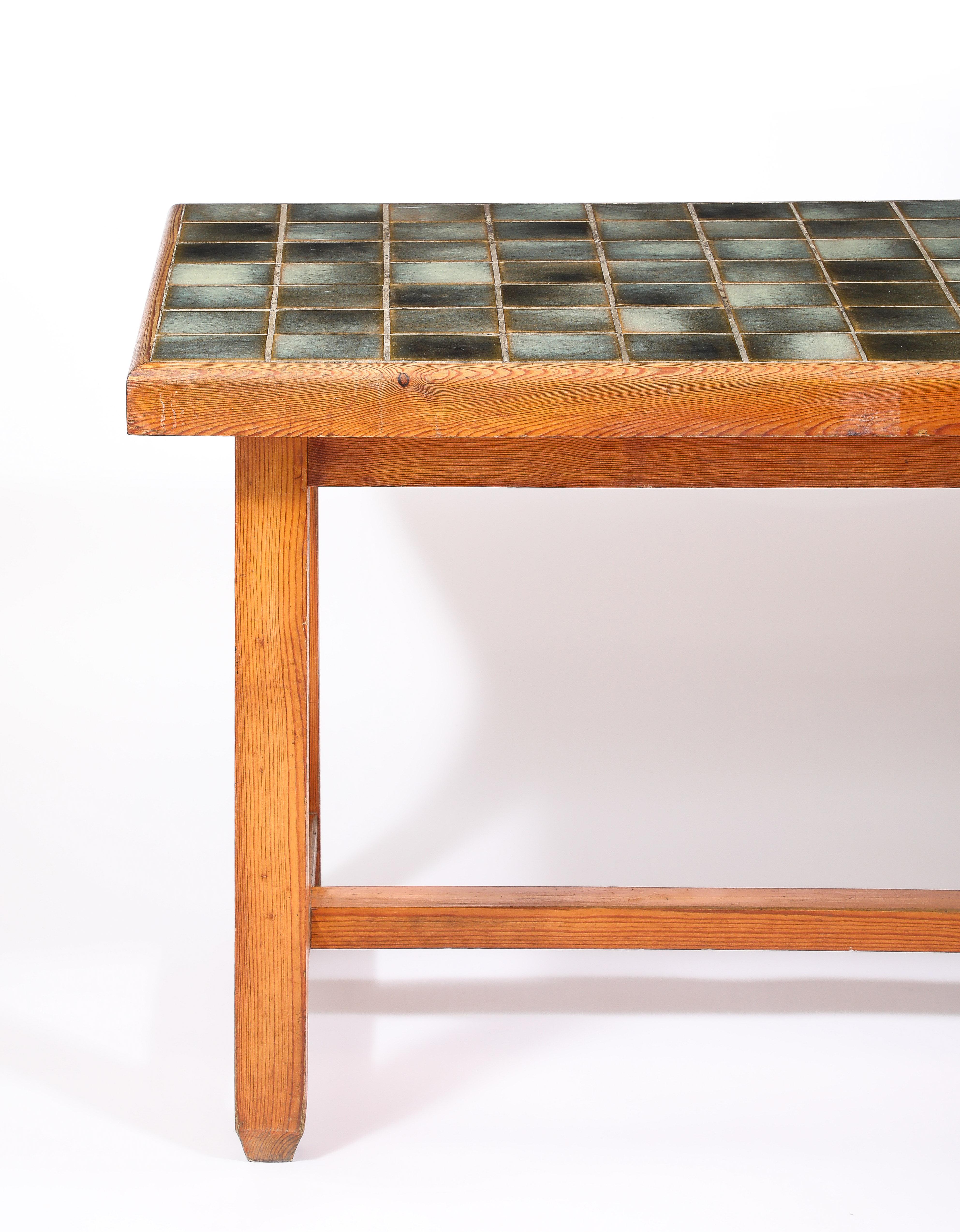 Mid-Century Modern Large Elm and La Borne Tile Table, France 1950's For Sale