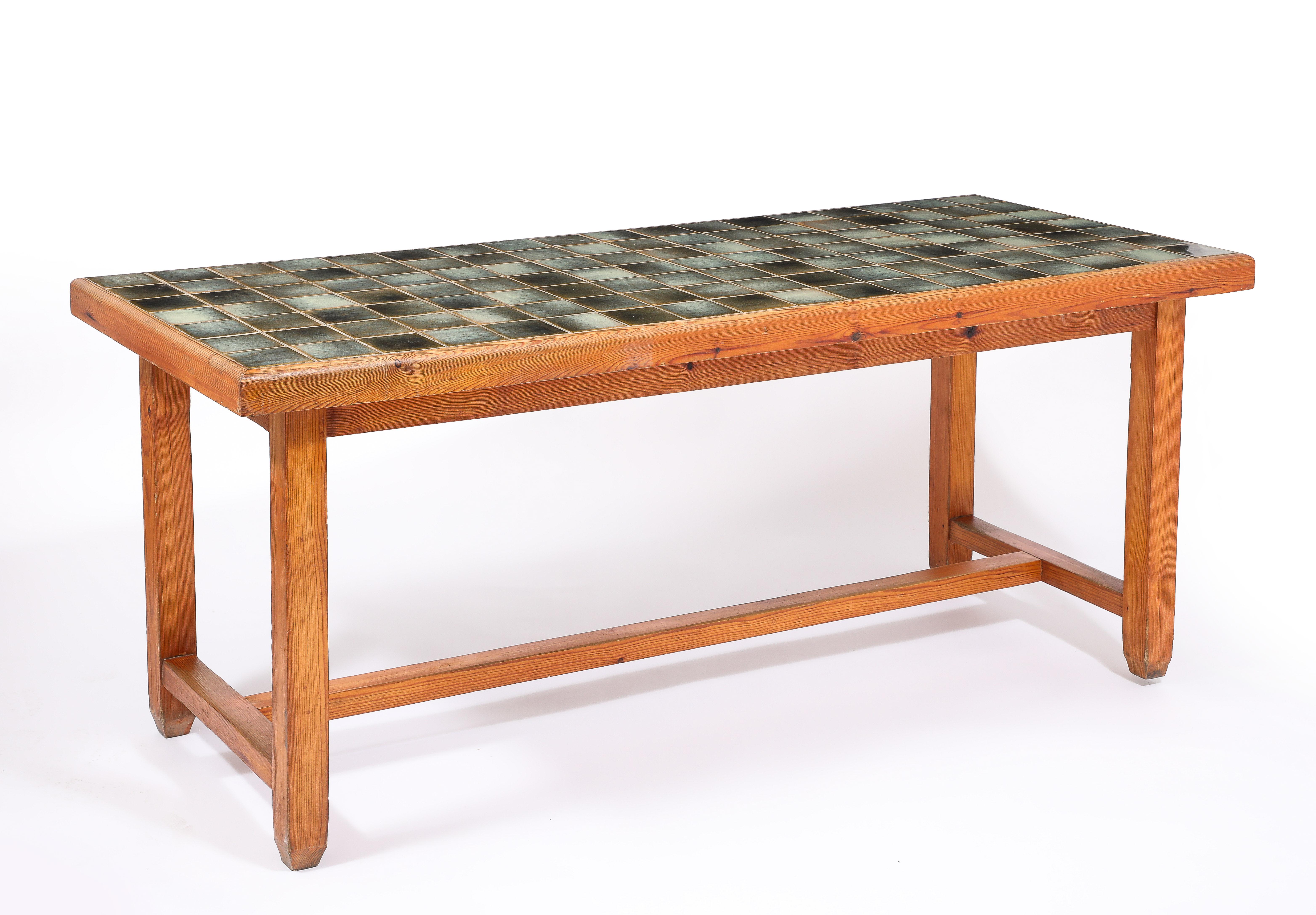 20th Century Large Elm and La Borne Tile Table, France 1950's For Sale