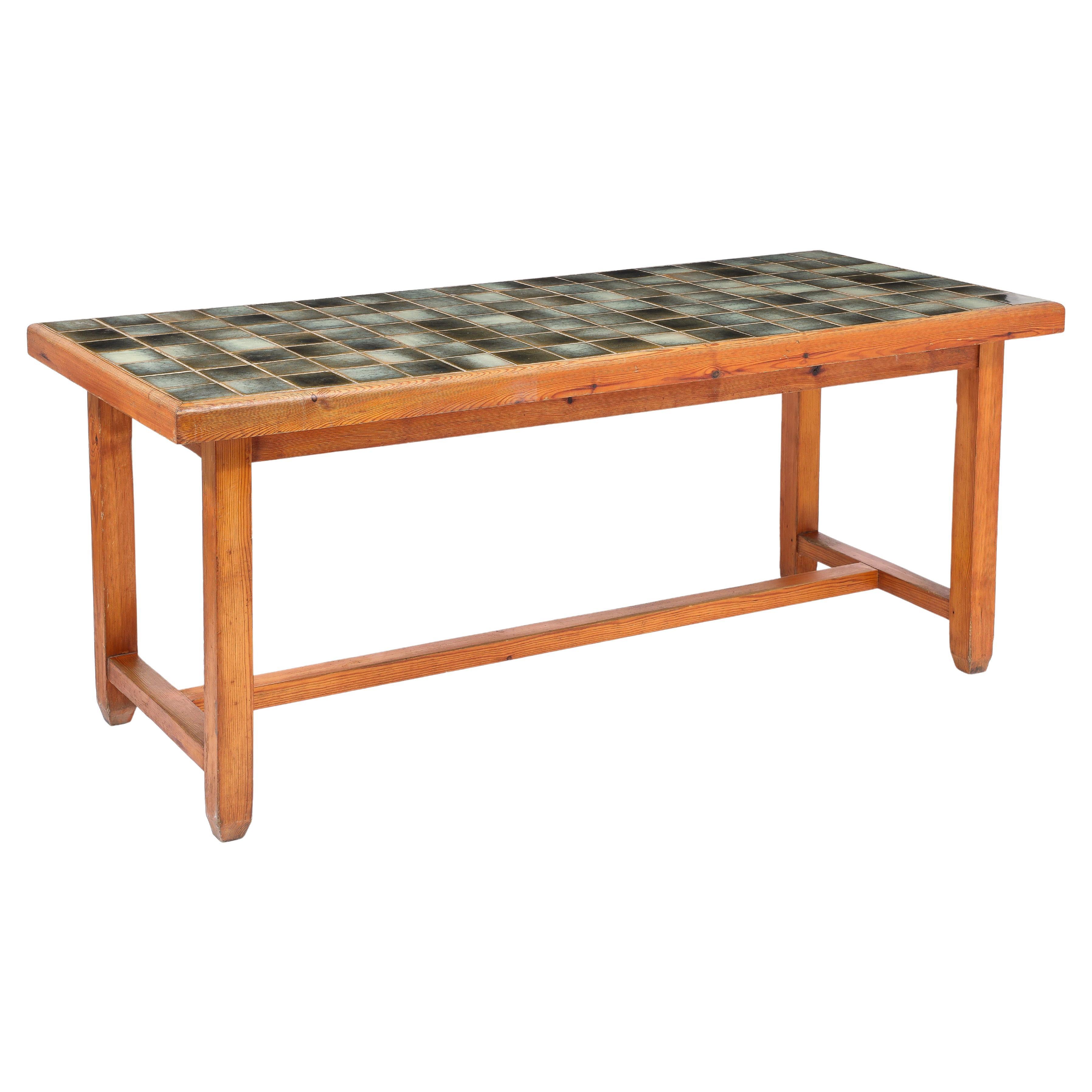 Large Elm and La Borne Tile Table, France 1950's For Sale