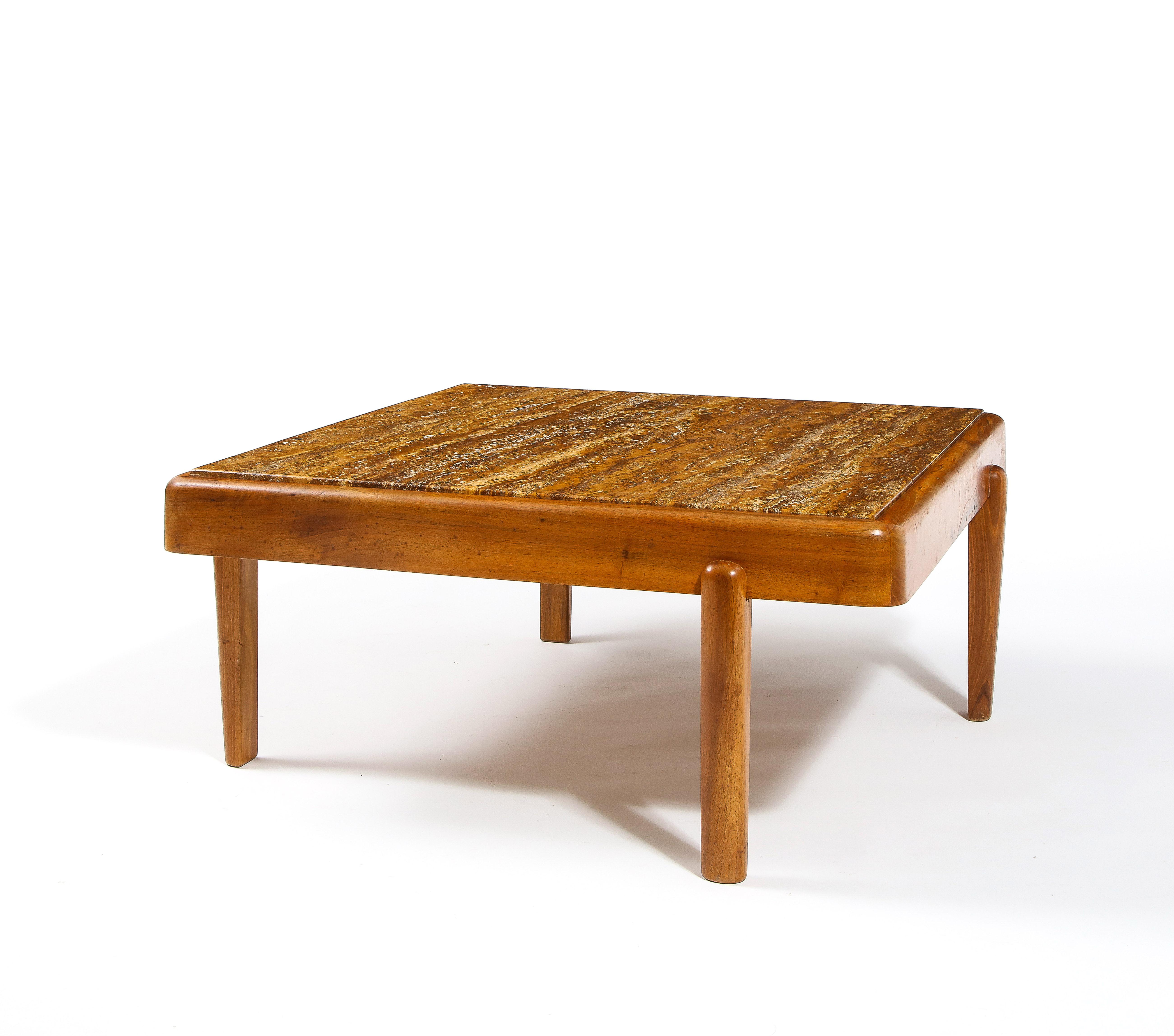 Mid-Century Modern Large Elm & Travertine Coffee Table, France 1960's For Sale