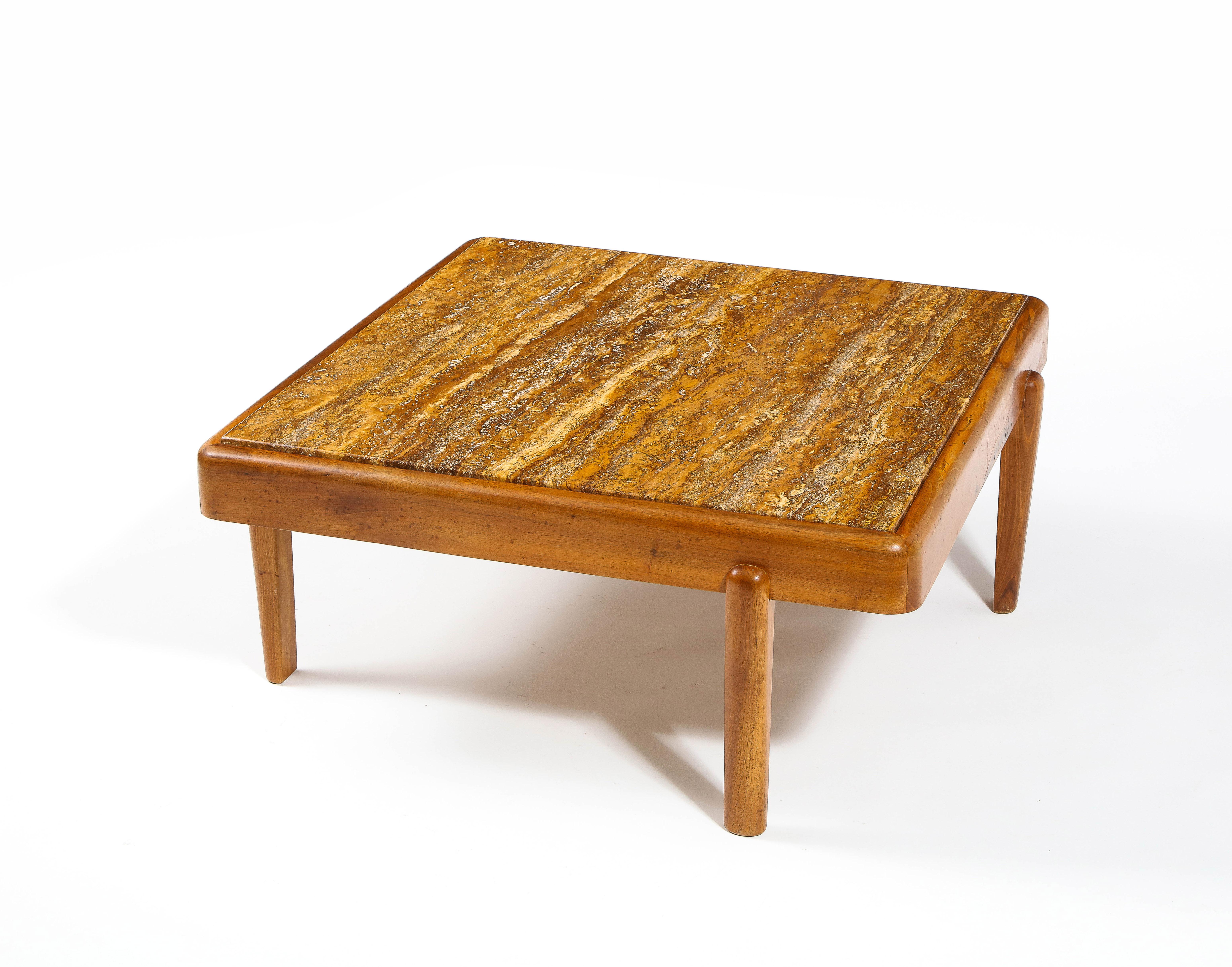 Large Elm & Travertine Coffee Table, France 1960's For Sale 5