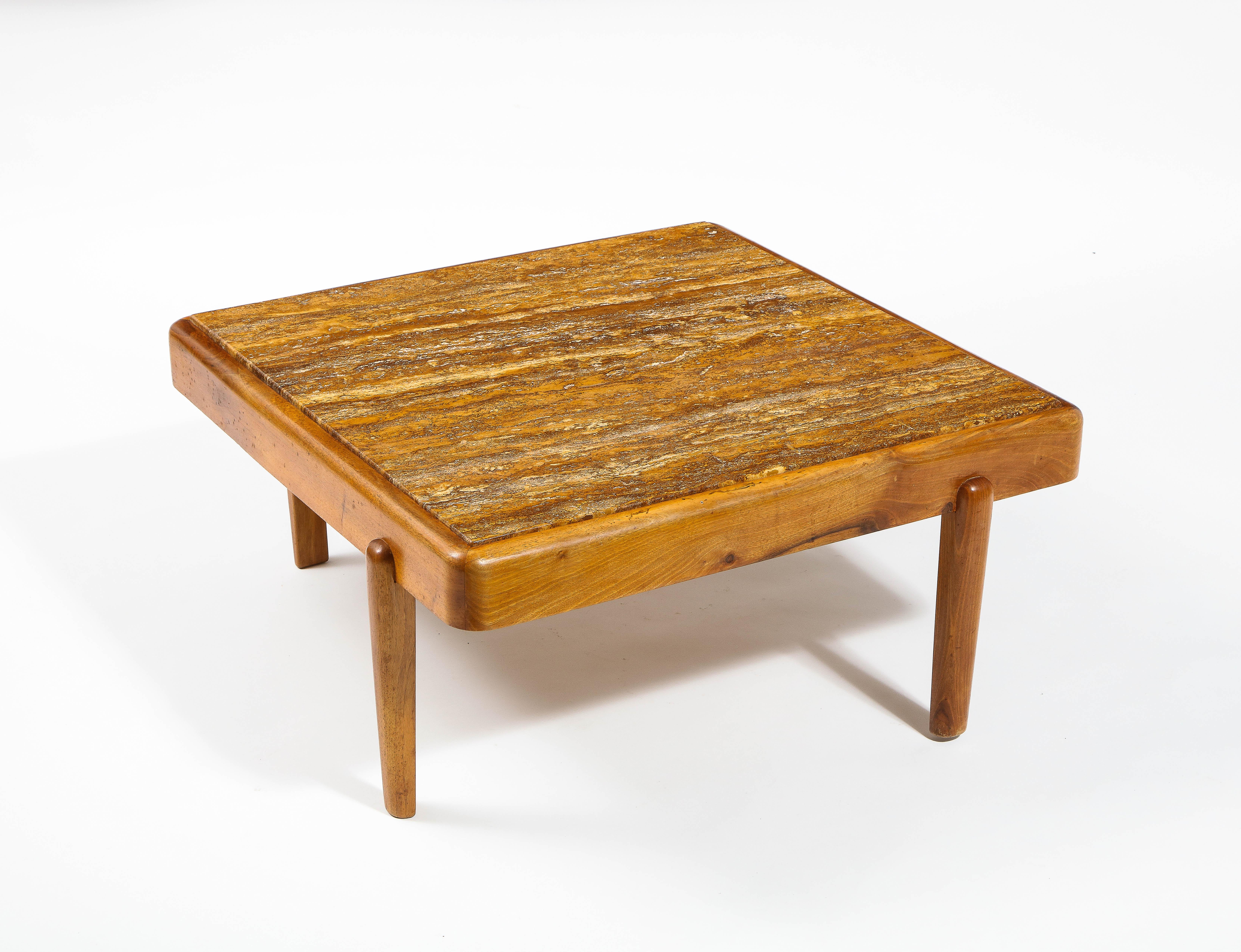 Large Elm & Travertine Coffee Table, France 1960's In Good Condition For Sale In New York, NY