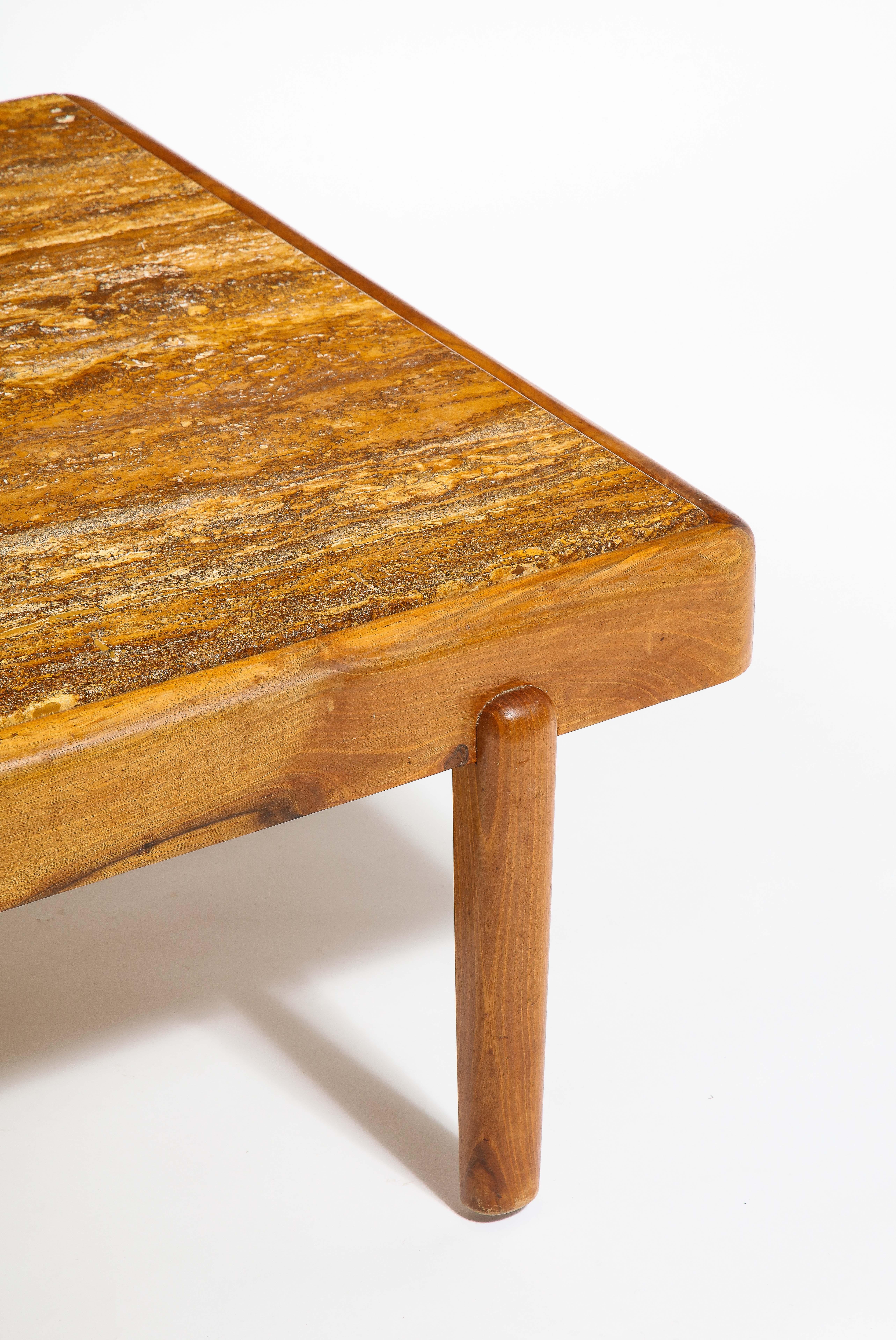 20th Century Large Elm & Travertine Coffee Table, France 1960's For Sale