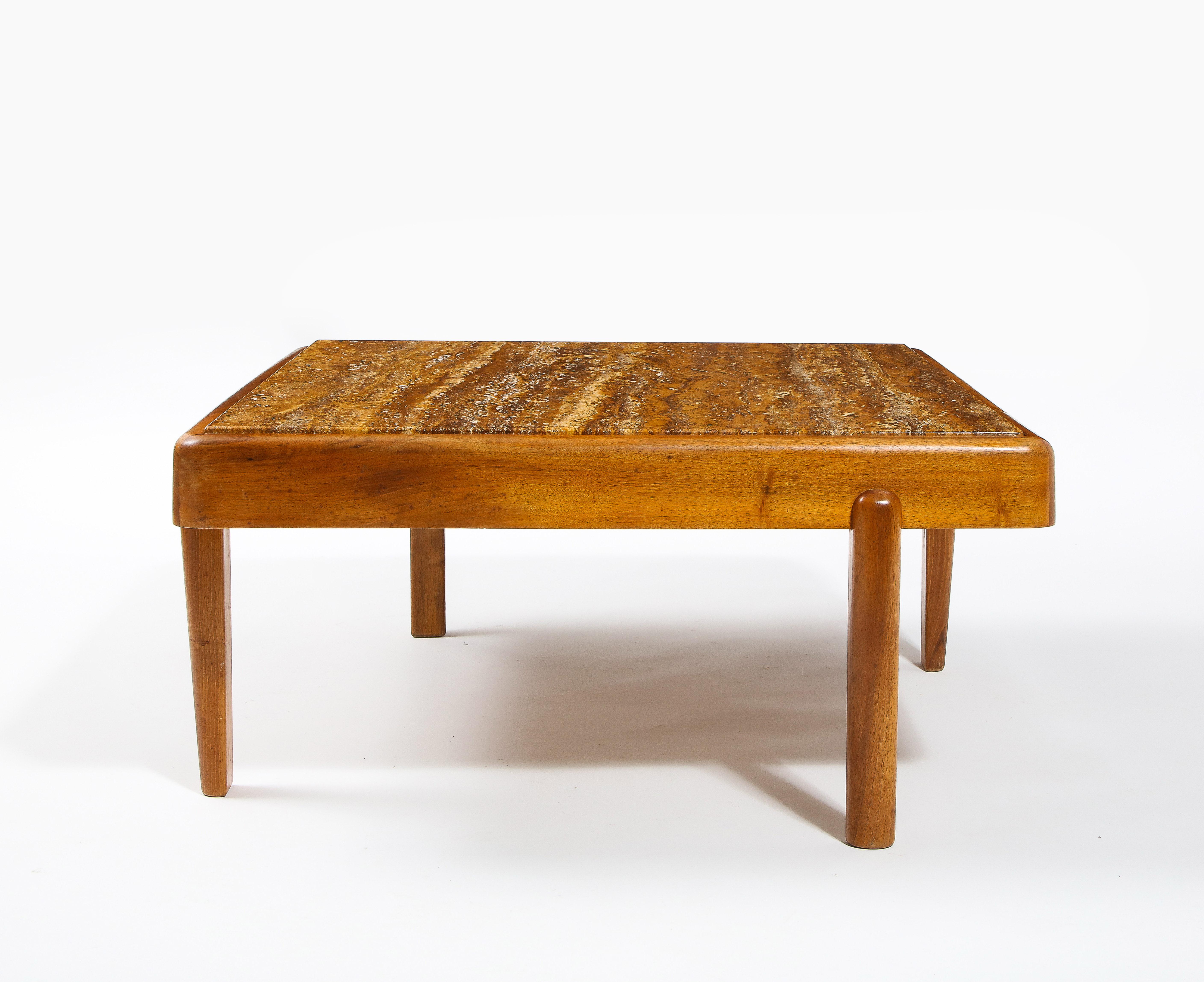 Large Elm & Travertine Coffee Table, France 1960's For Sale 4