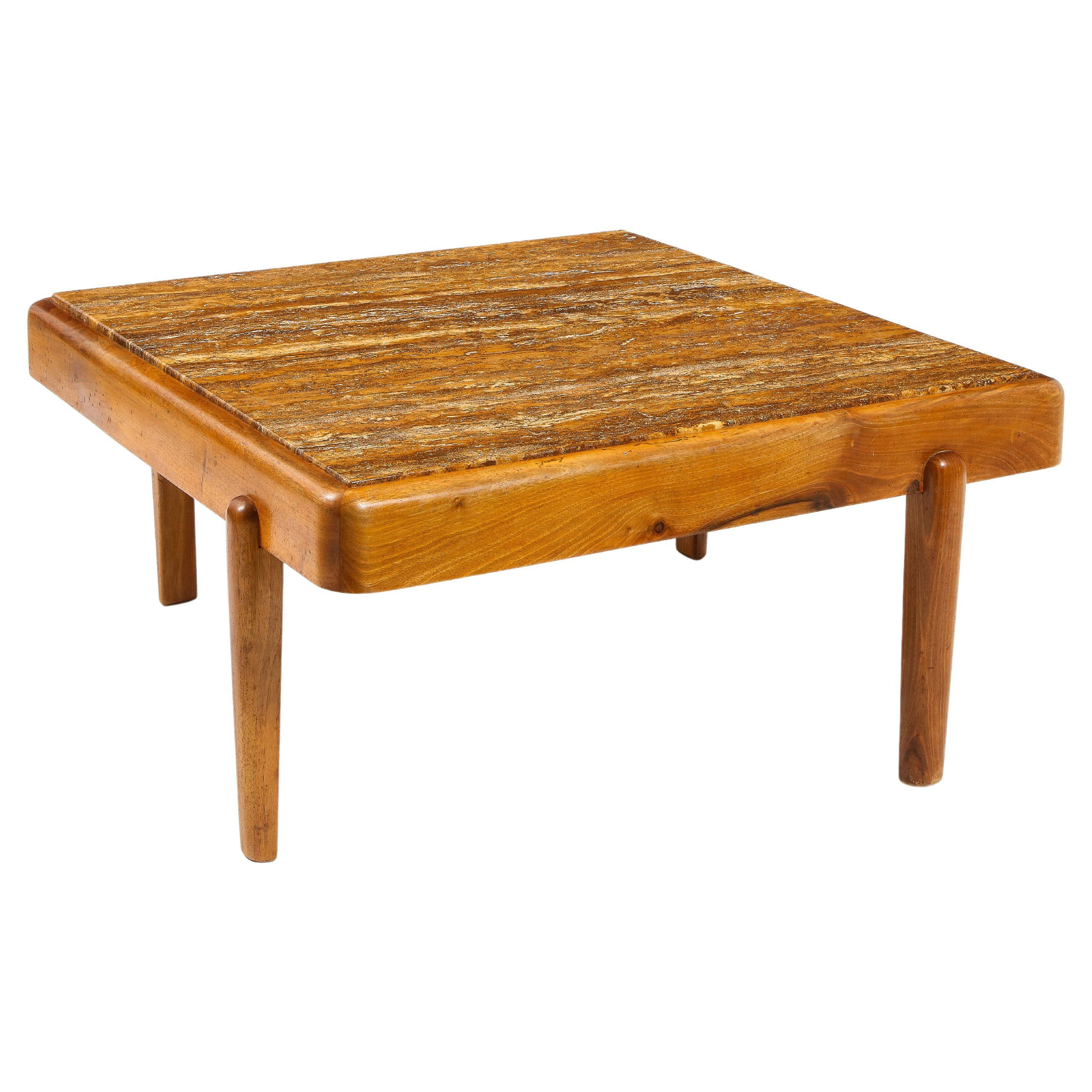 French Large Elm & Travertine Coffee Table, France 1960's For Sale