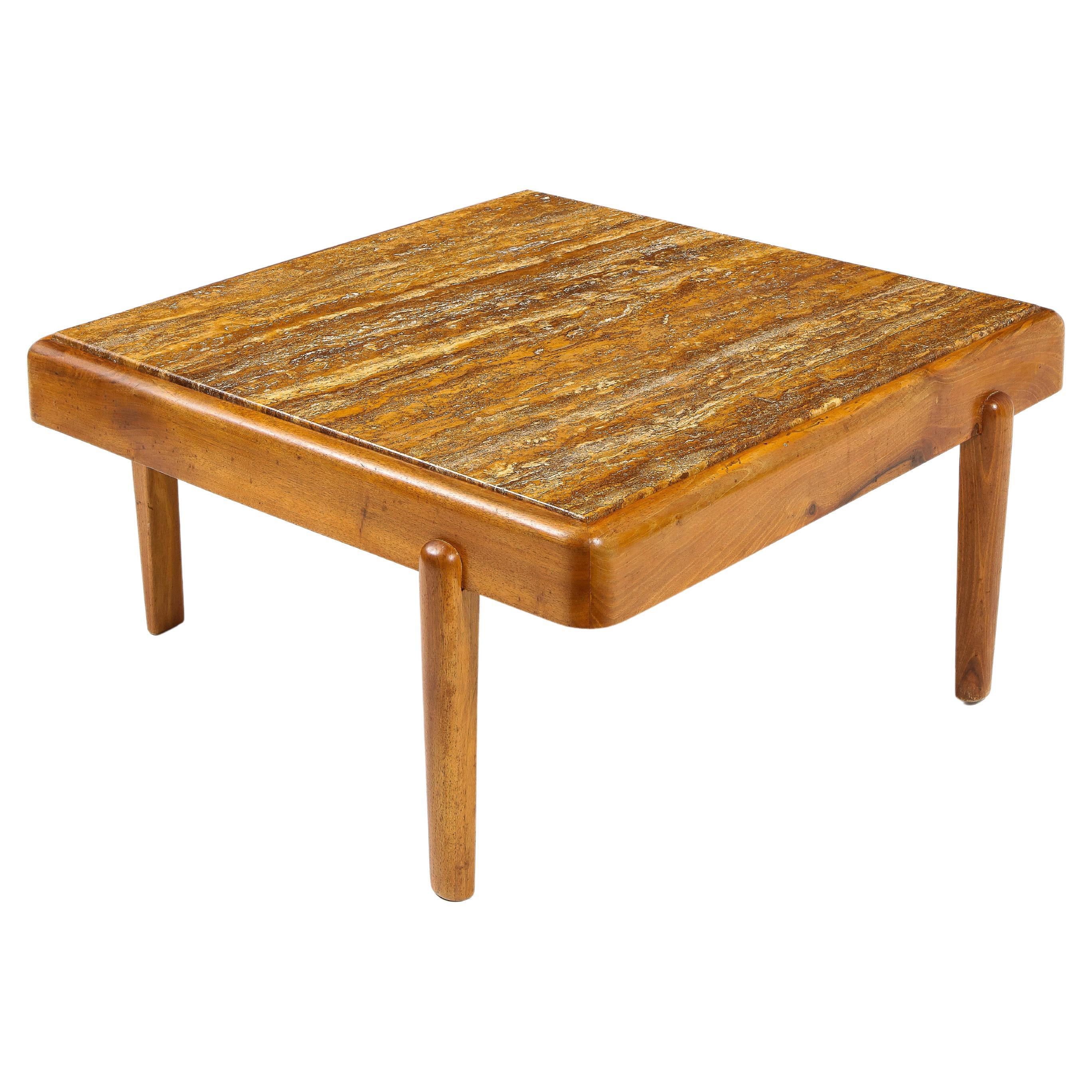 Large Elm & Travertine Coffee Table, France 1960's