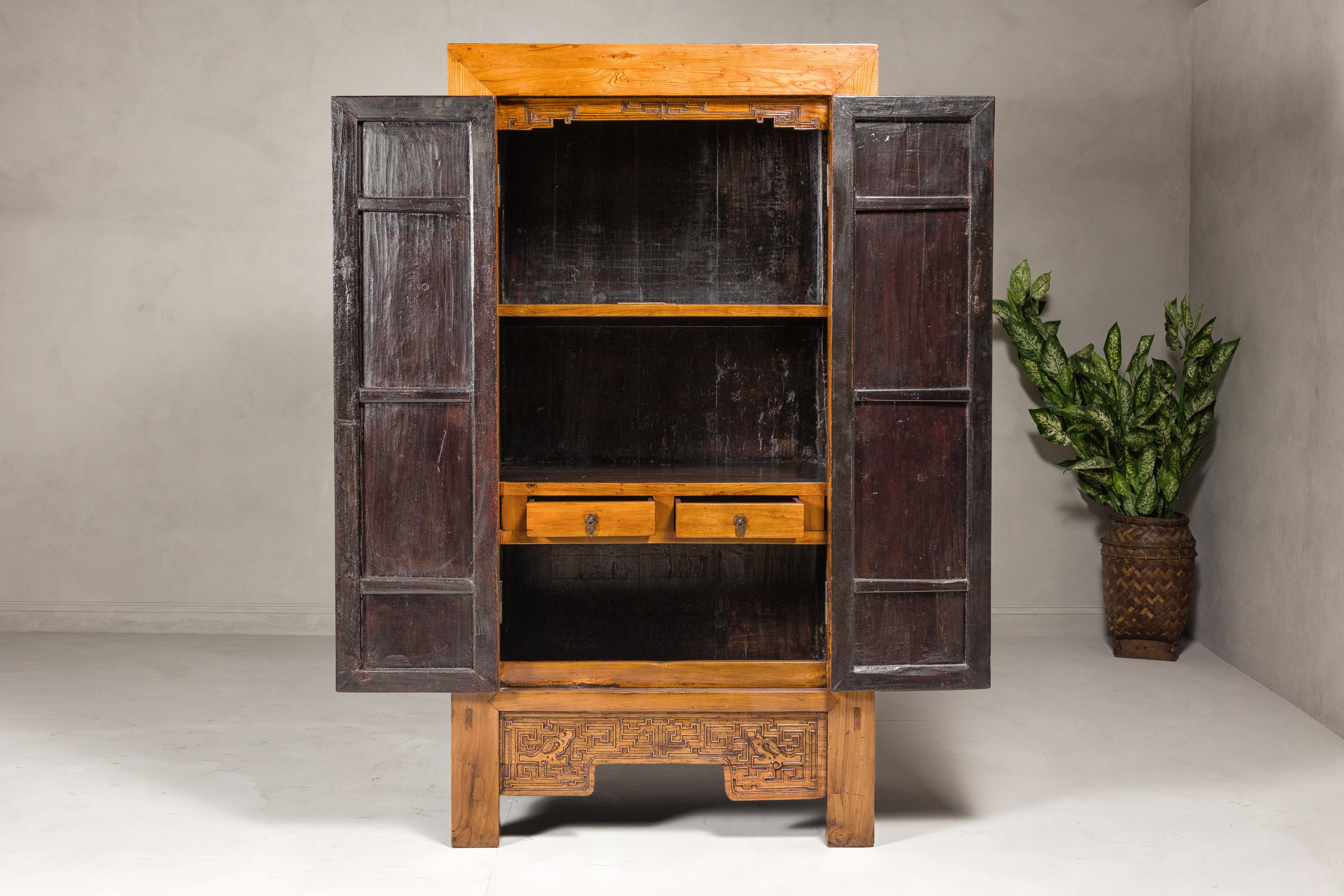 Large Elmwood 19th Cabinet with Carved Apron and Round Brass Medallion For Sale 2