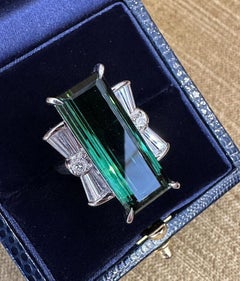Large Elongated Green Tourmaline Diamond Cocktail Ring in Platinum