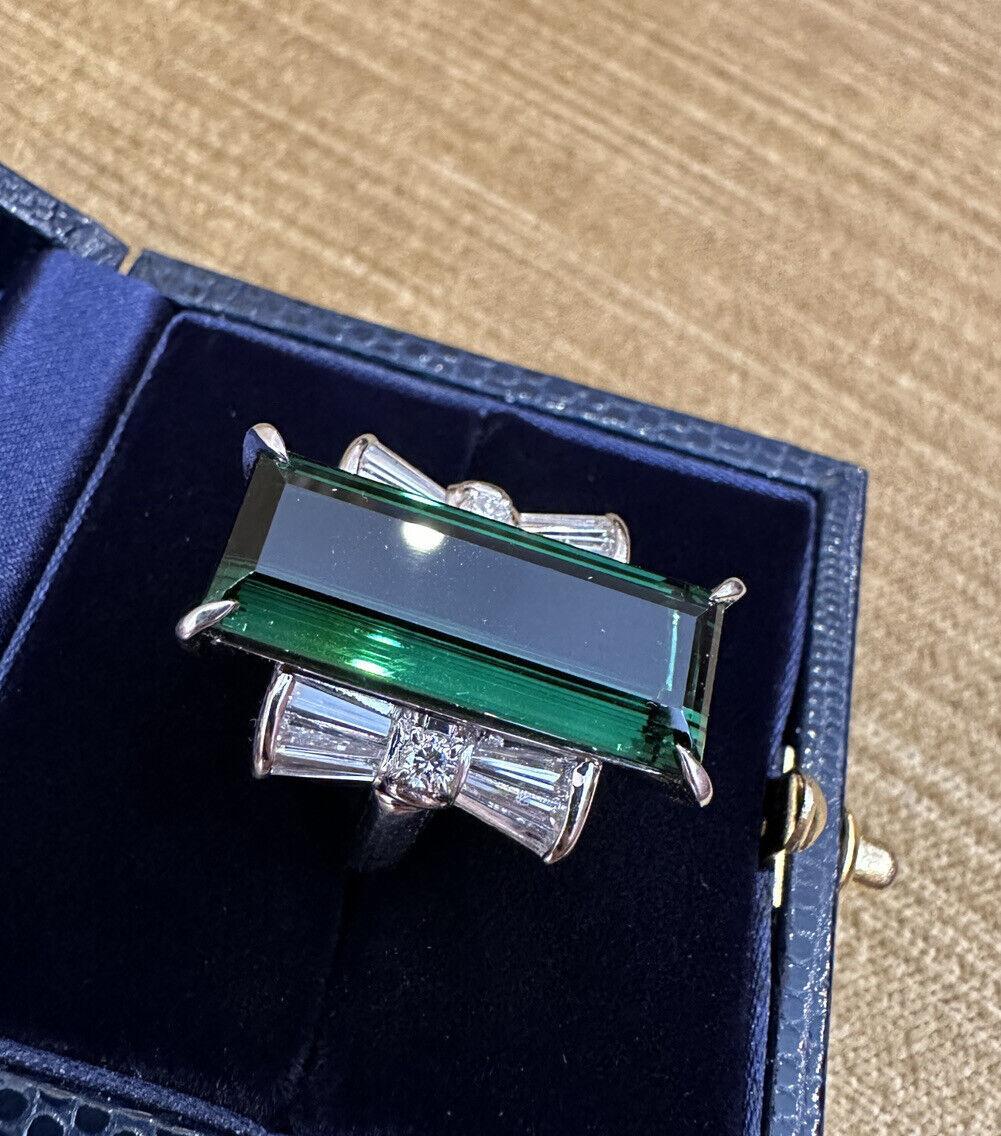 Emerald Cut Large Elongated Green Tourmaline Diamond Cocktail Ring in Platinum For Sale