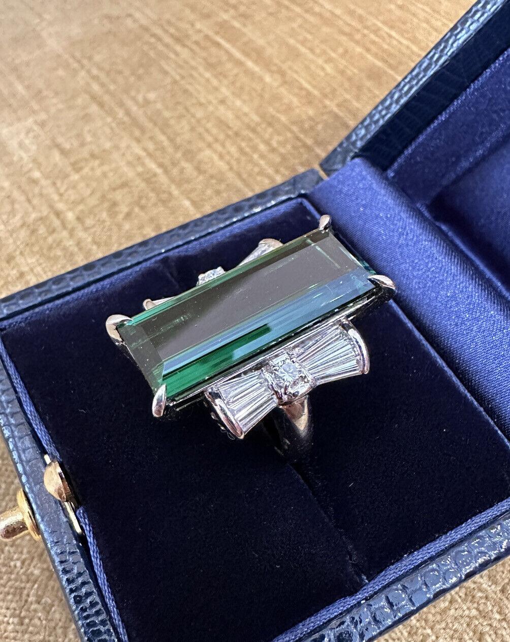 Large Elongated Green Tourmaline Diamond Cocktail Ring in Platinum In Excellent Condition For Sale In La Jolla, CA