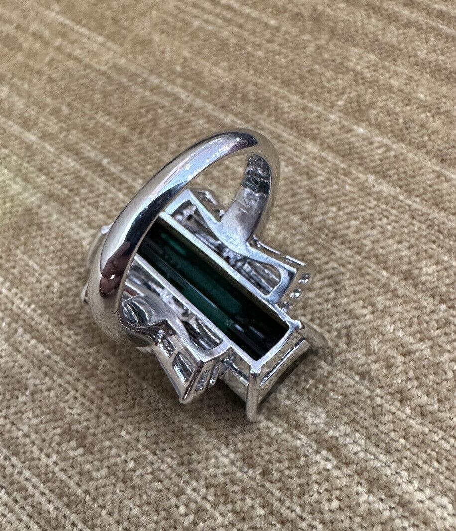 Women's Large Elongated Green Tourmaline Diamond Cocktail Ring in Platinum For Sale