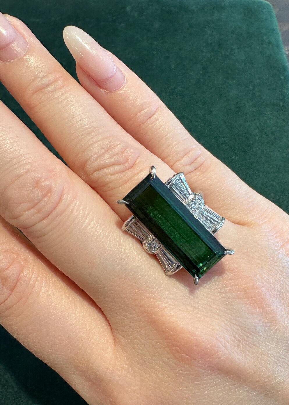 Large Elongated Green Tourmaline Diamond Cocktail Ring in Platinum For Sale 3