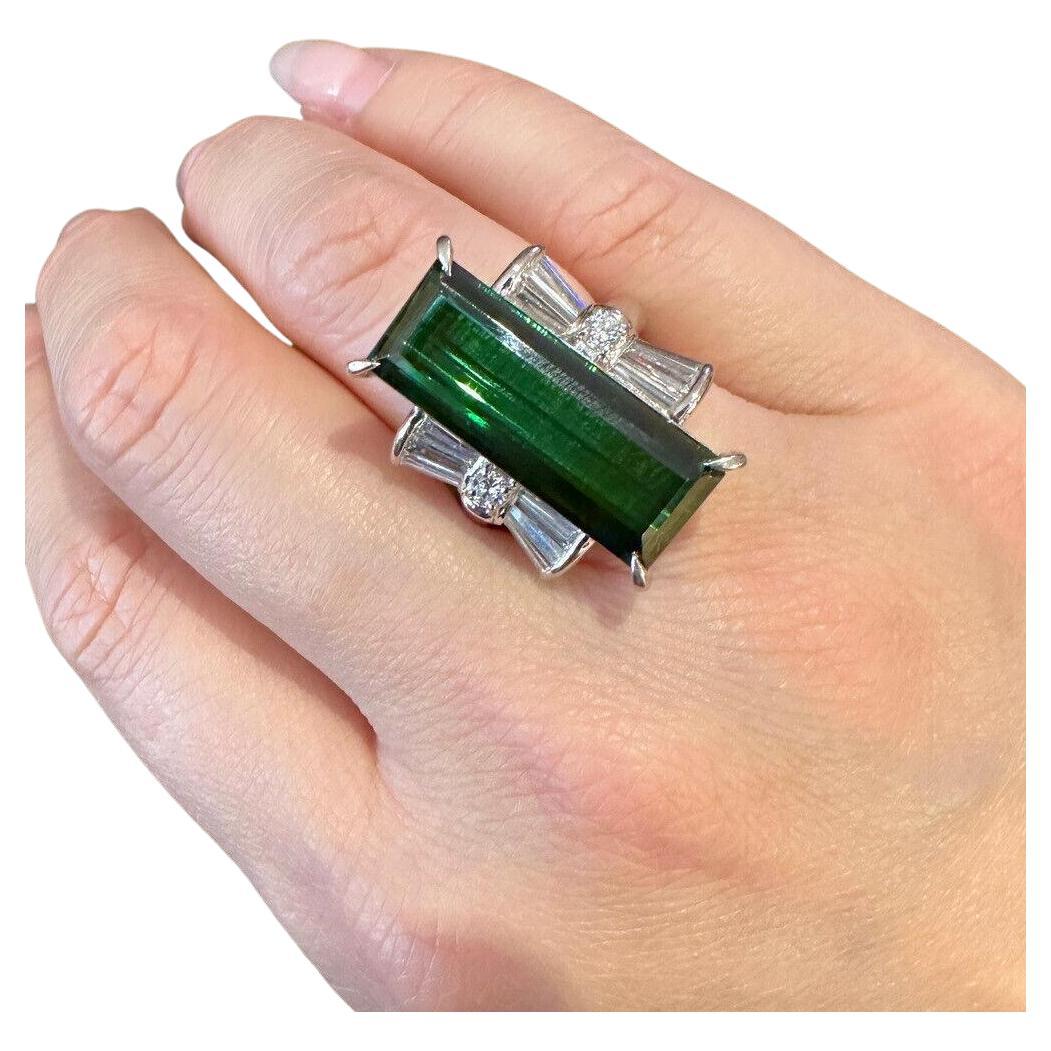 Large Elongated Green Tourmaline Diamond Cocktail Ring in Platinum For Sale
