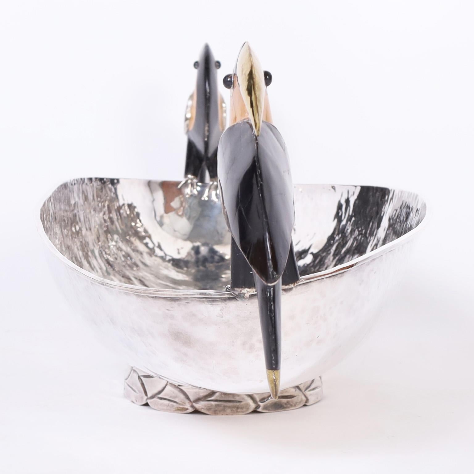 Mid-Century Modern Large Elongated Silver Plate Bowl with Toucans by Emilia Castillo