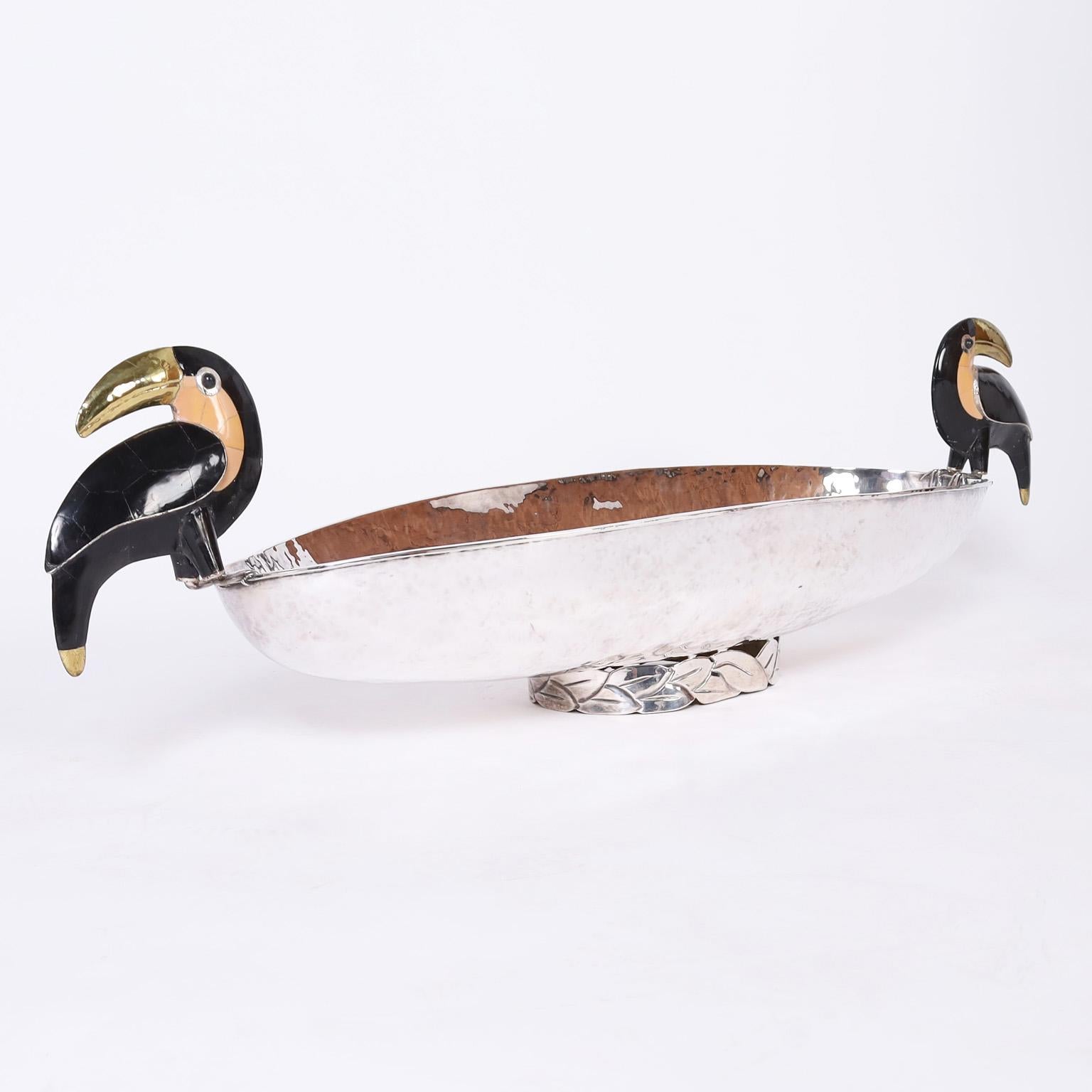 Mexican Large Elongated Silver Plate Bowl with Toucans by Emilia Castillo