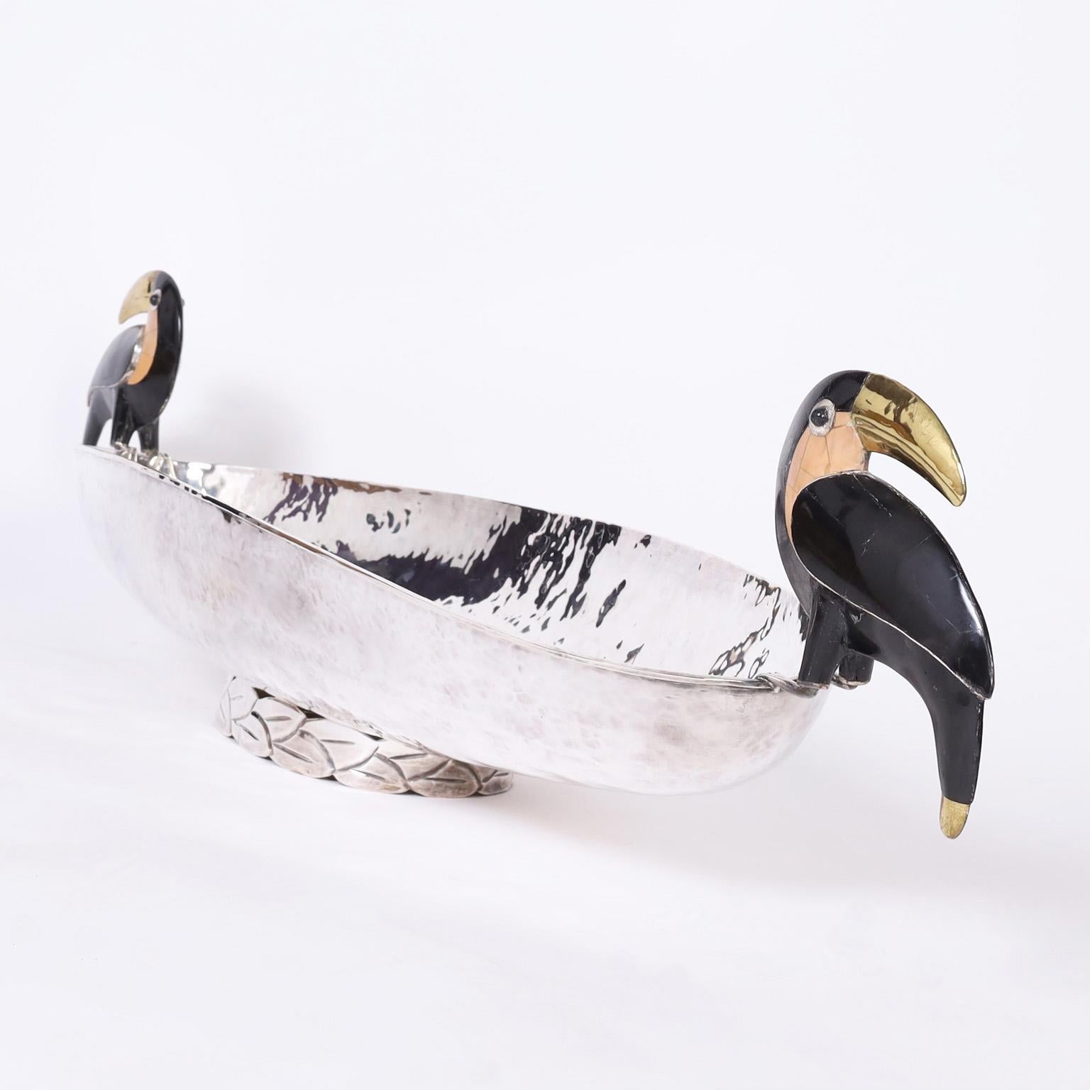 Hand-Crafted Large Elongated Silver Plate Bowl with Toucans by Emilia Castillo