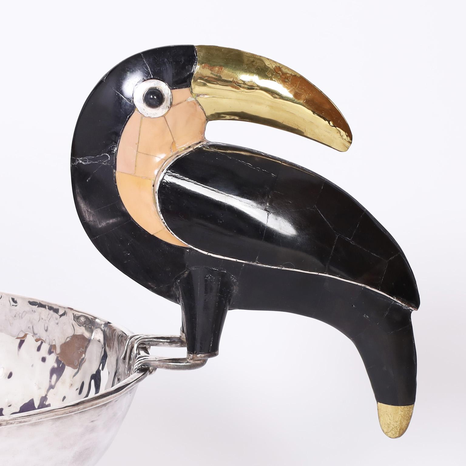 Large Elongated Silver Plate Bowl with Toucans by Emilia Castillo In Good Condition In Palm Beach, FL