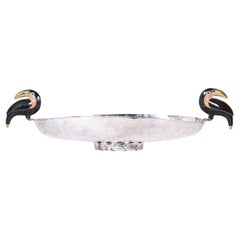 Large Elongated Silver Plate Bowl with Toucans by Emilia Castillo