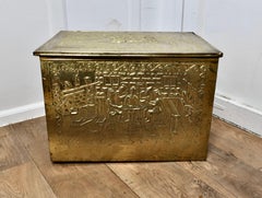 Large Embossed Brass Log Box, with Tavern Scenes
