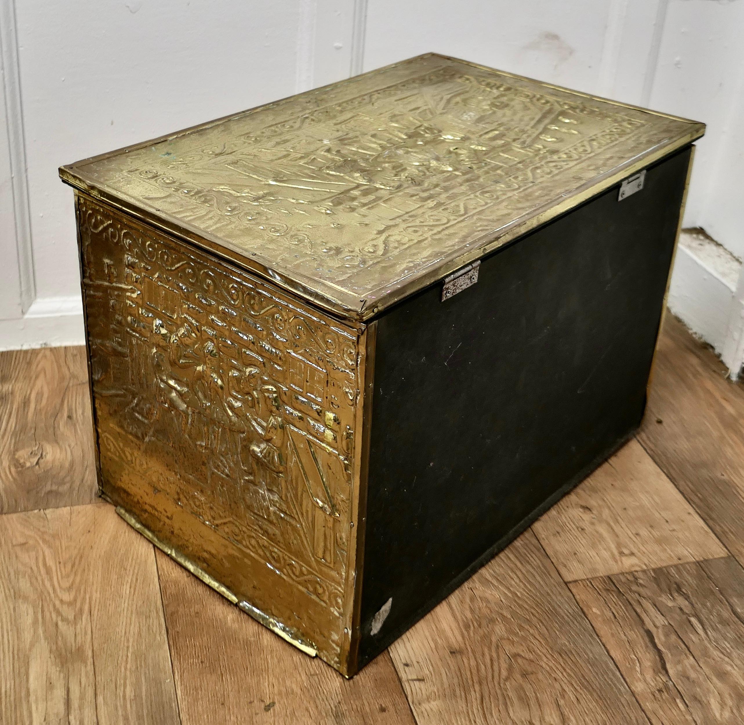 Large Embossed Brass Log Box, with Tavern Scenes     In Good Condition For Sale In Chillerton, Isle of Wight
