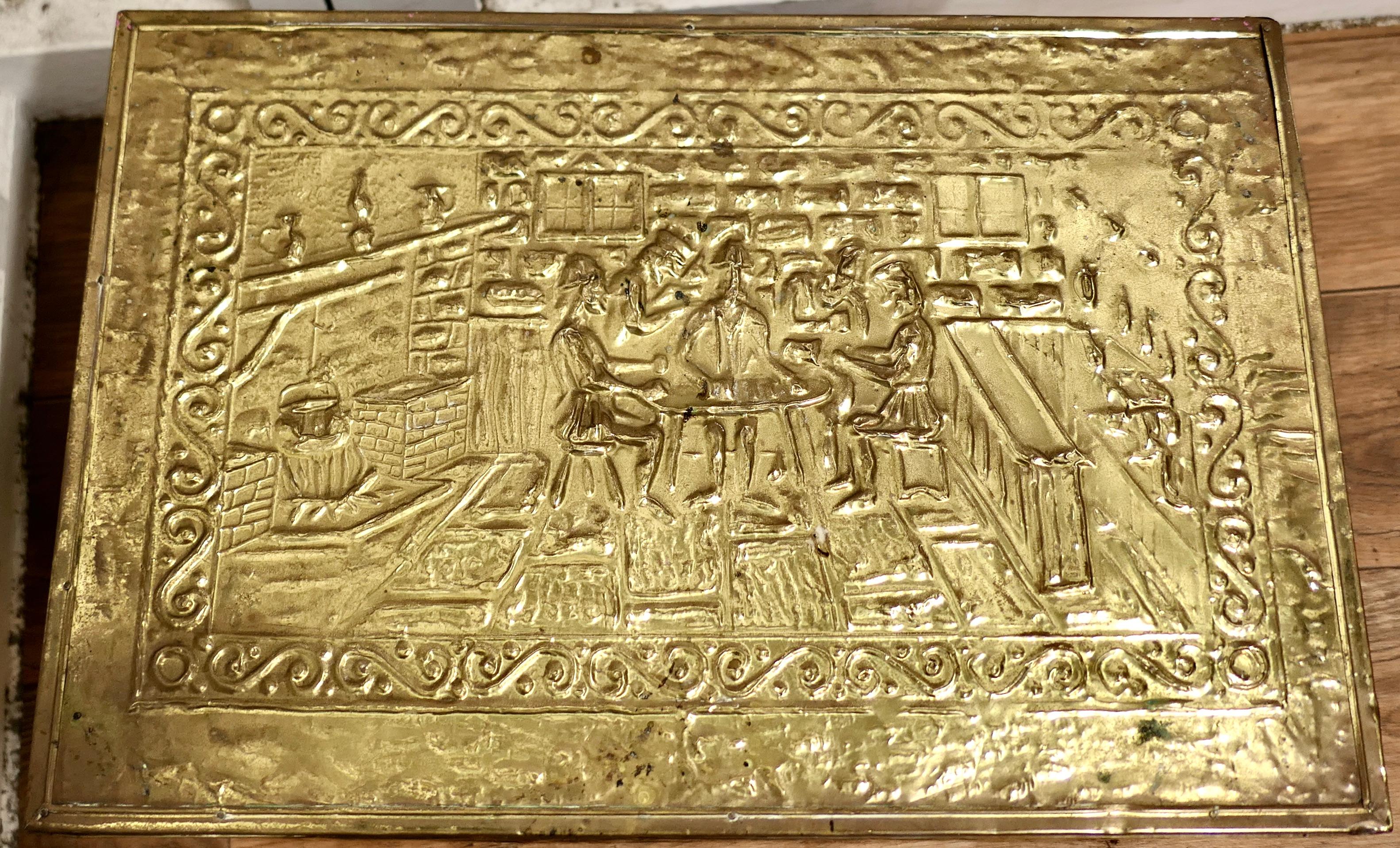 Early 20th Century Large Embossed Brass Log Box, with Tavern Scenes     For Sale