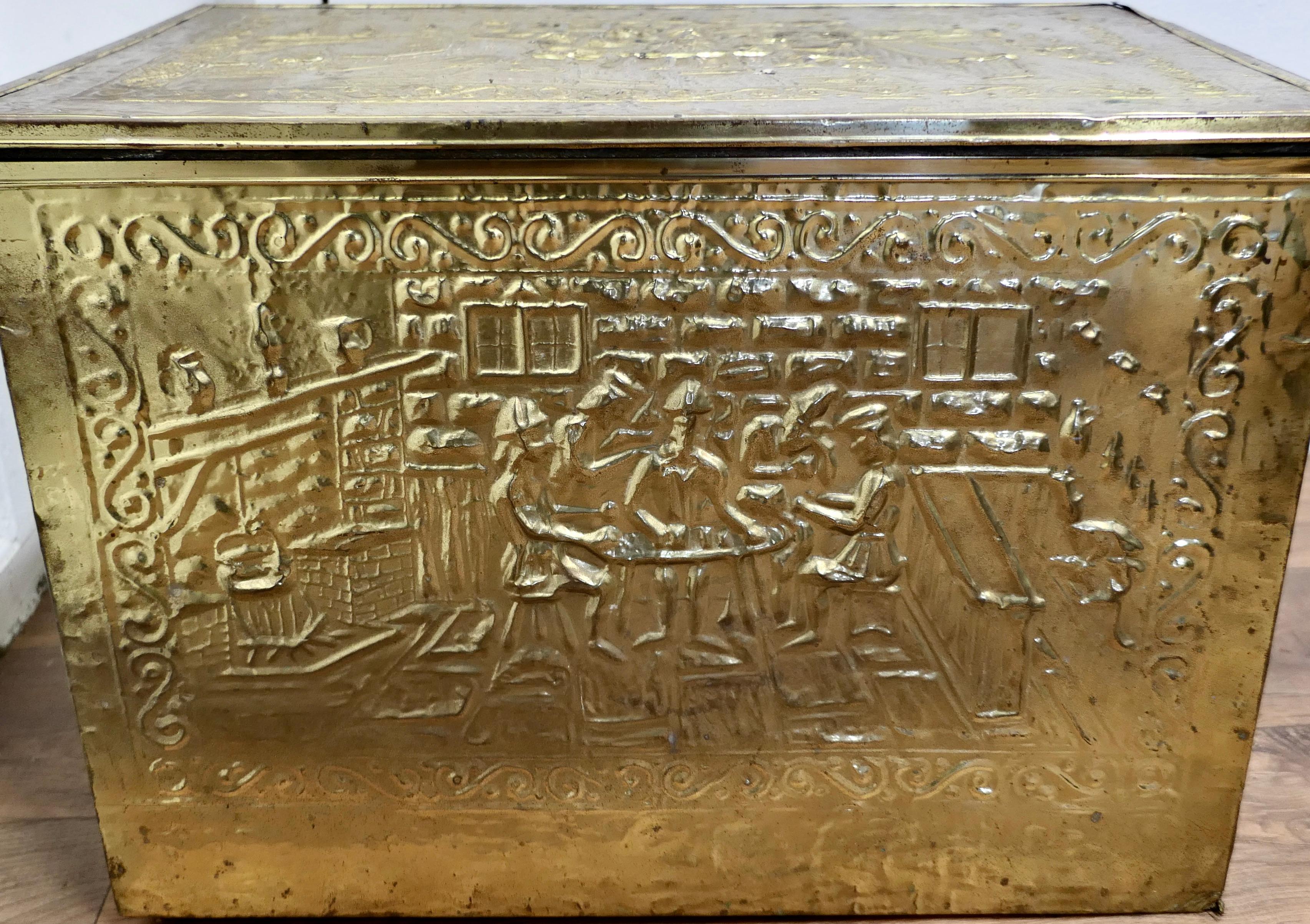 Large Embossed Brass Log Box, with Tavern Scenes     For Sale 1