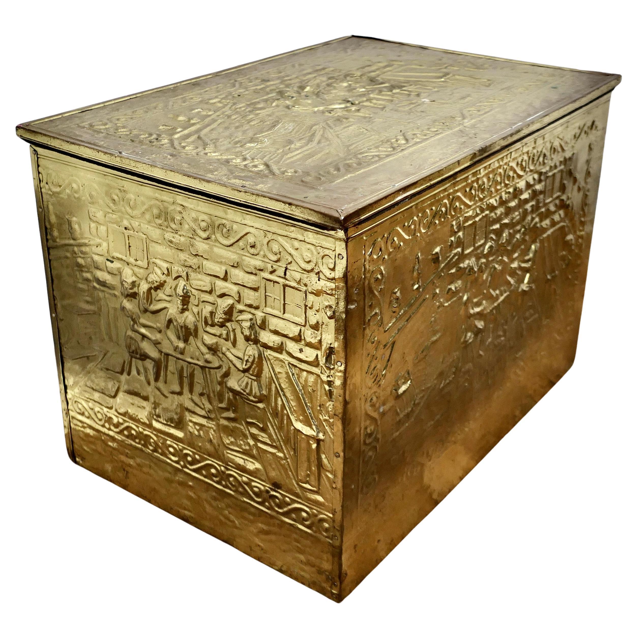 Large Embossed Brass Log Box, with Tavern Scenes     For Sale