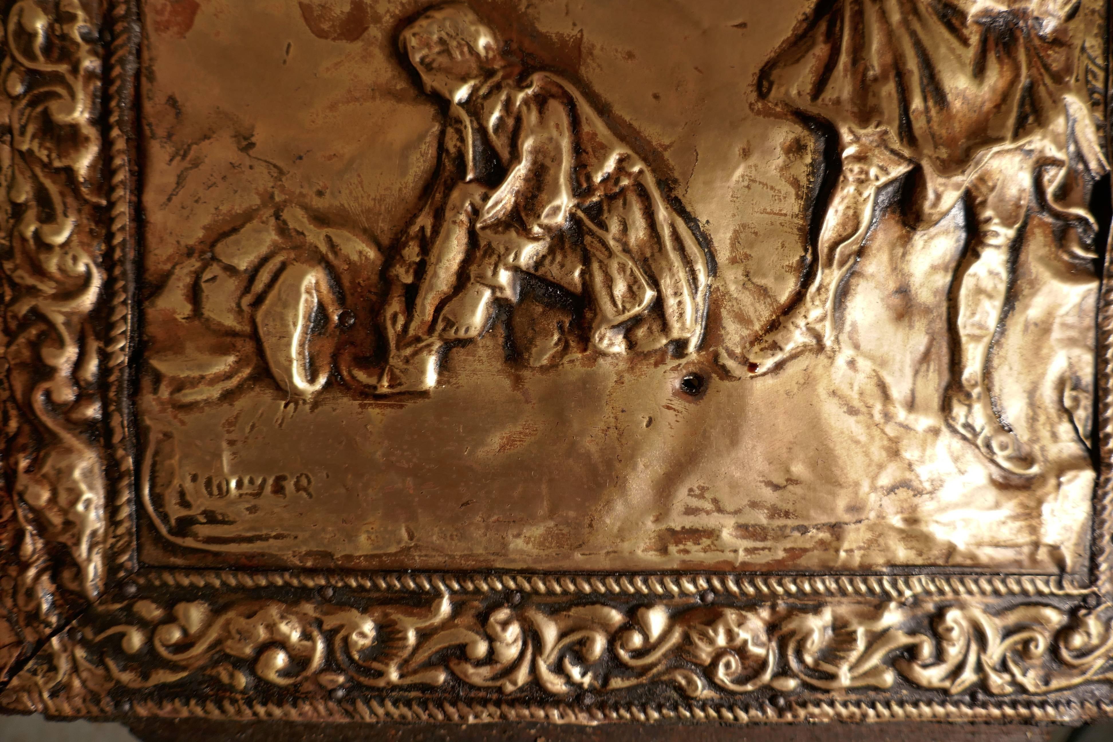 19th Century Large Embossed Brass Log Box with Country Scenes
