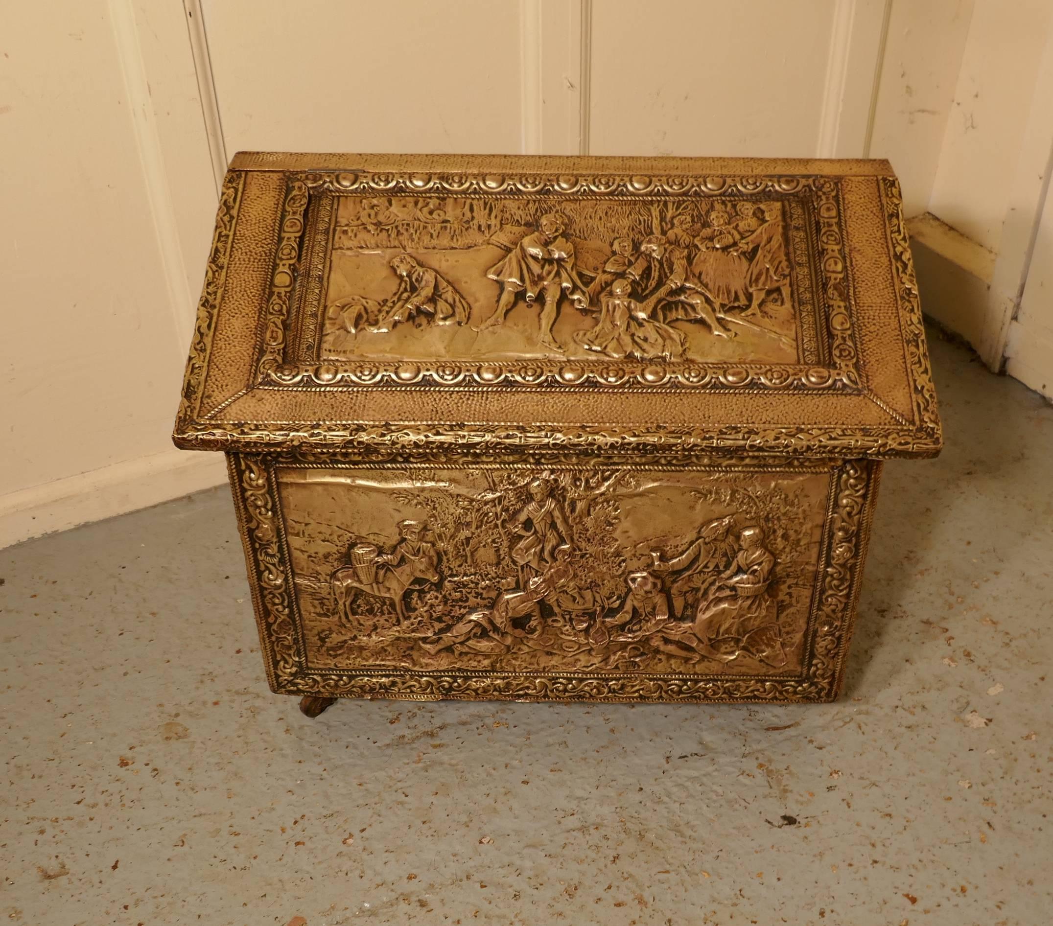 Large Embossed Brass Log Box with Country Scenes 2