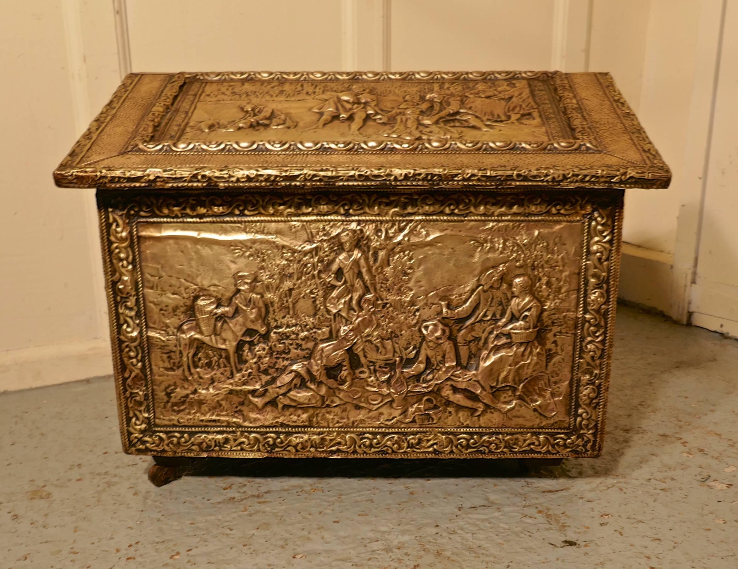 Large Embossed Brass Log Box with Country Scenes 3