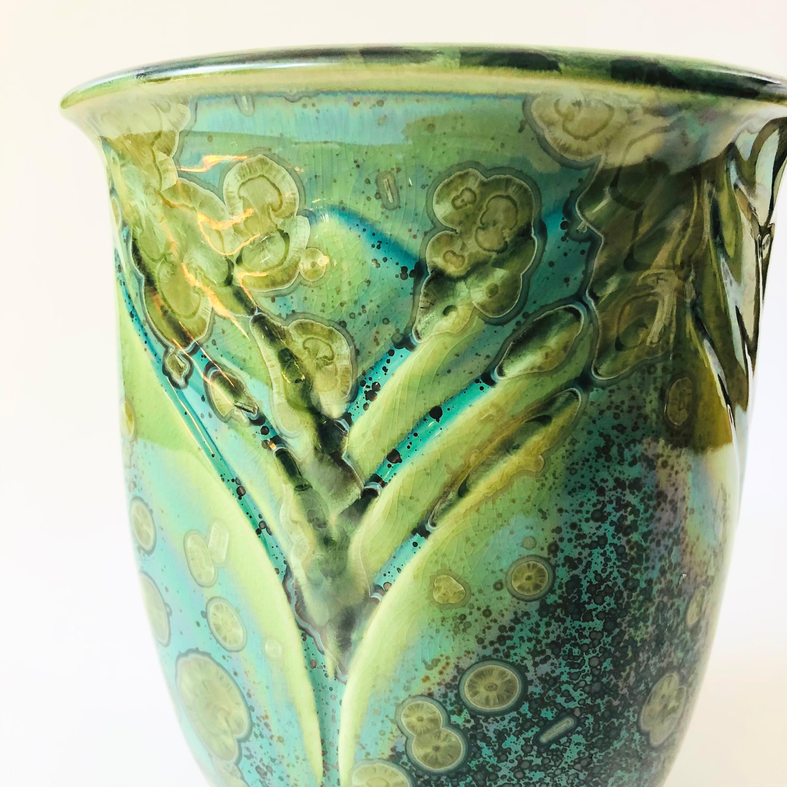 Art Deco Large Embossed Crystalline Pottery Vase For Sale