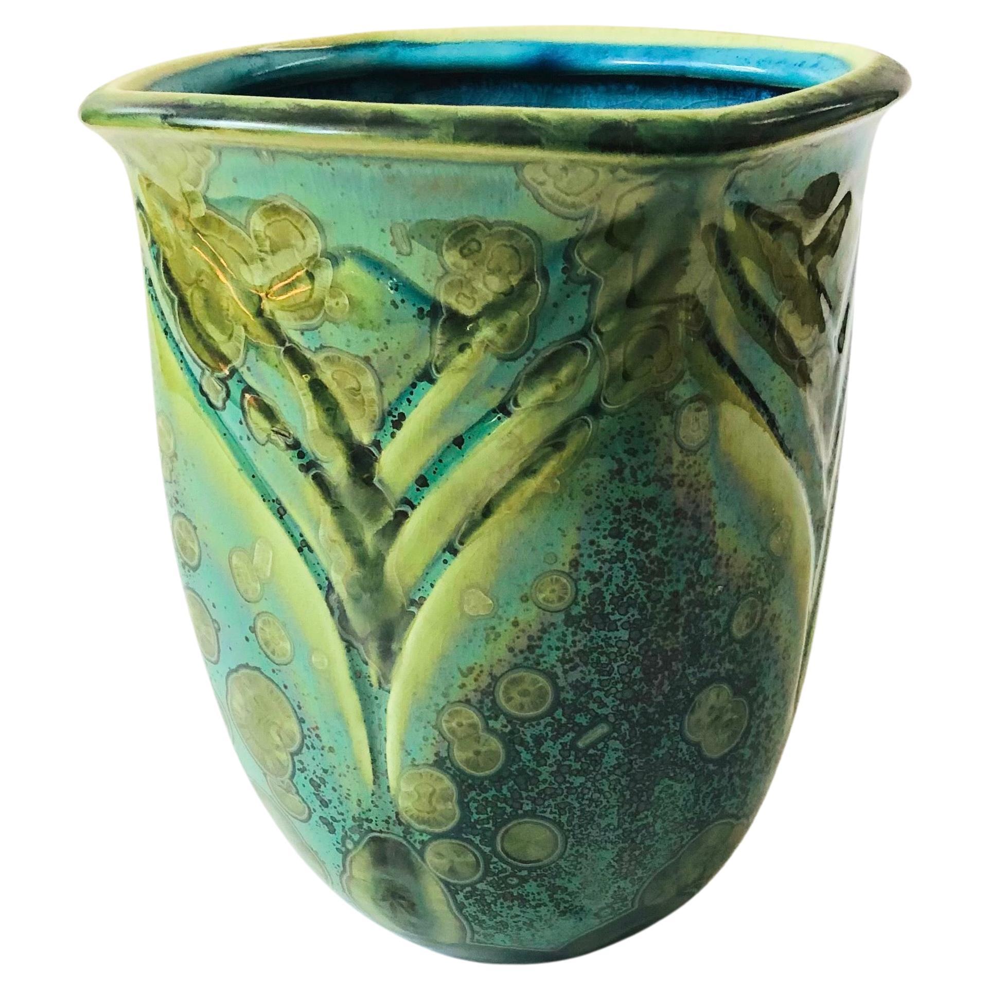 Large Embossed Crystalline Pottery Vase For Sale