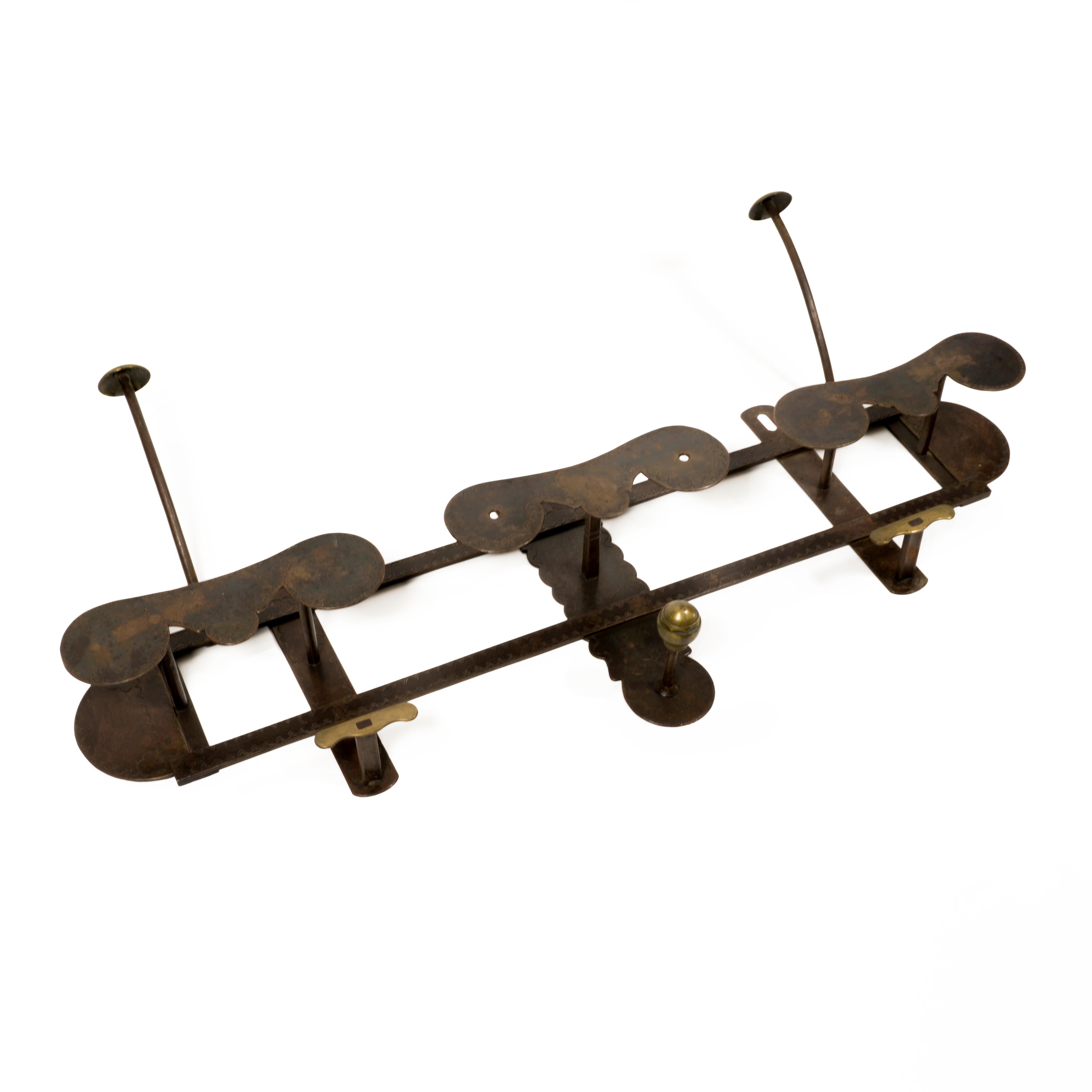 Mid-Century Modern Large embossed Iron and Brass Vintage Wall Mounted Coat Rack from Italy  For Sale