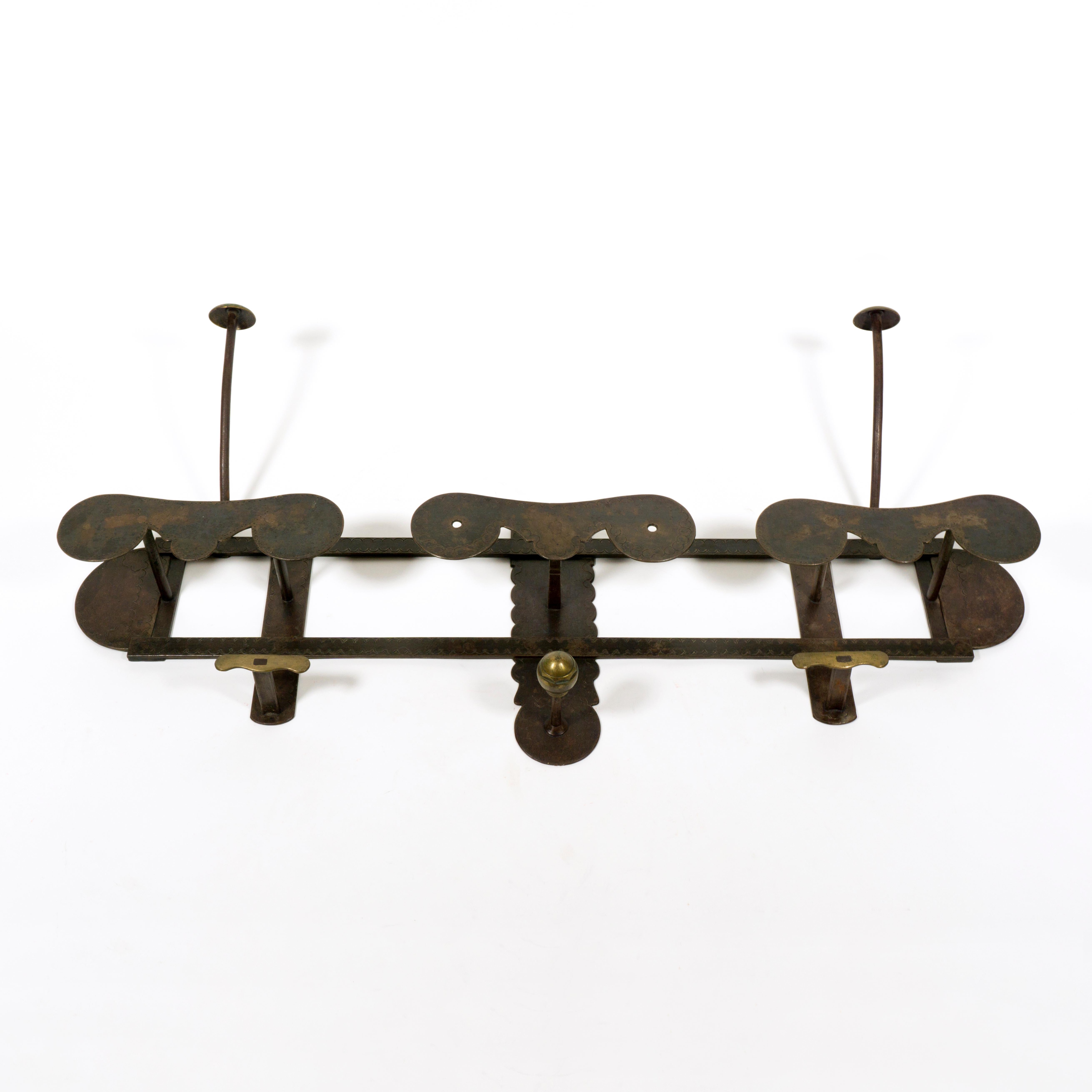 Italian Large embossed Iron and Brass Vintage Wall Mounted Coat Rack from Italy  For Sale