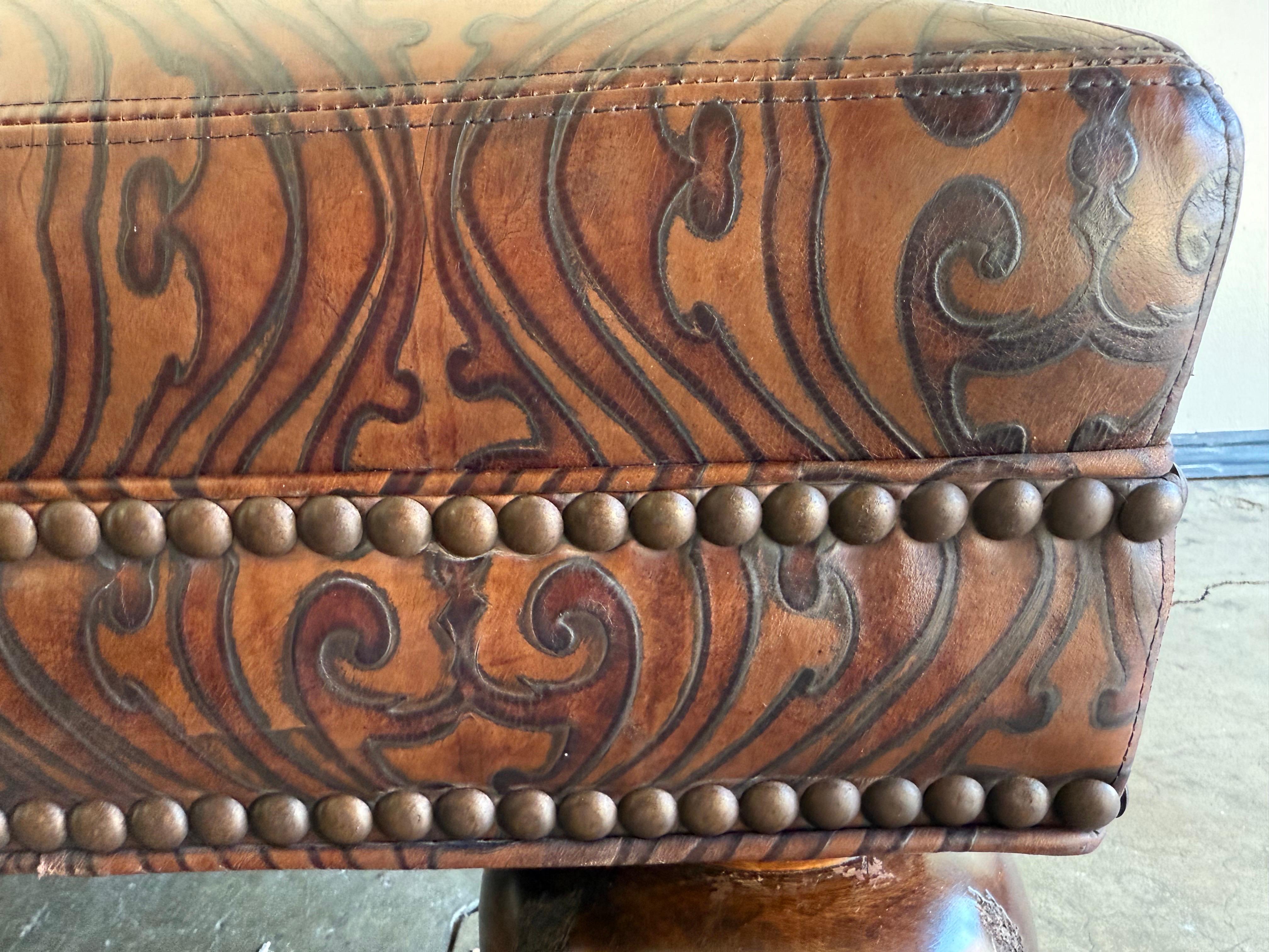 Large Embossed Leather Ottoman with Bun Feet For Sale 4