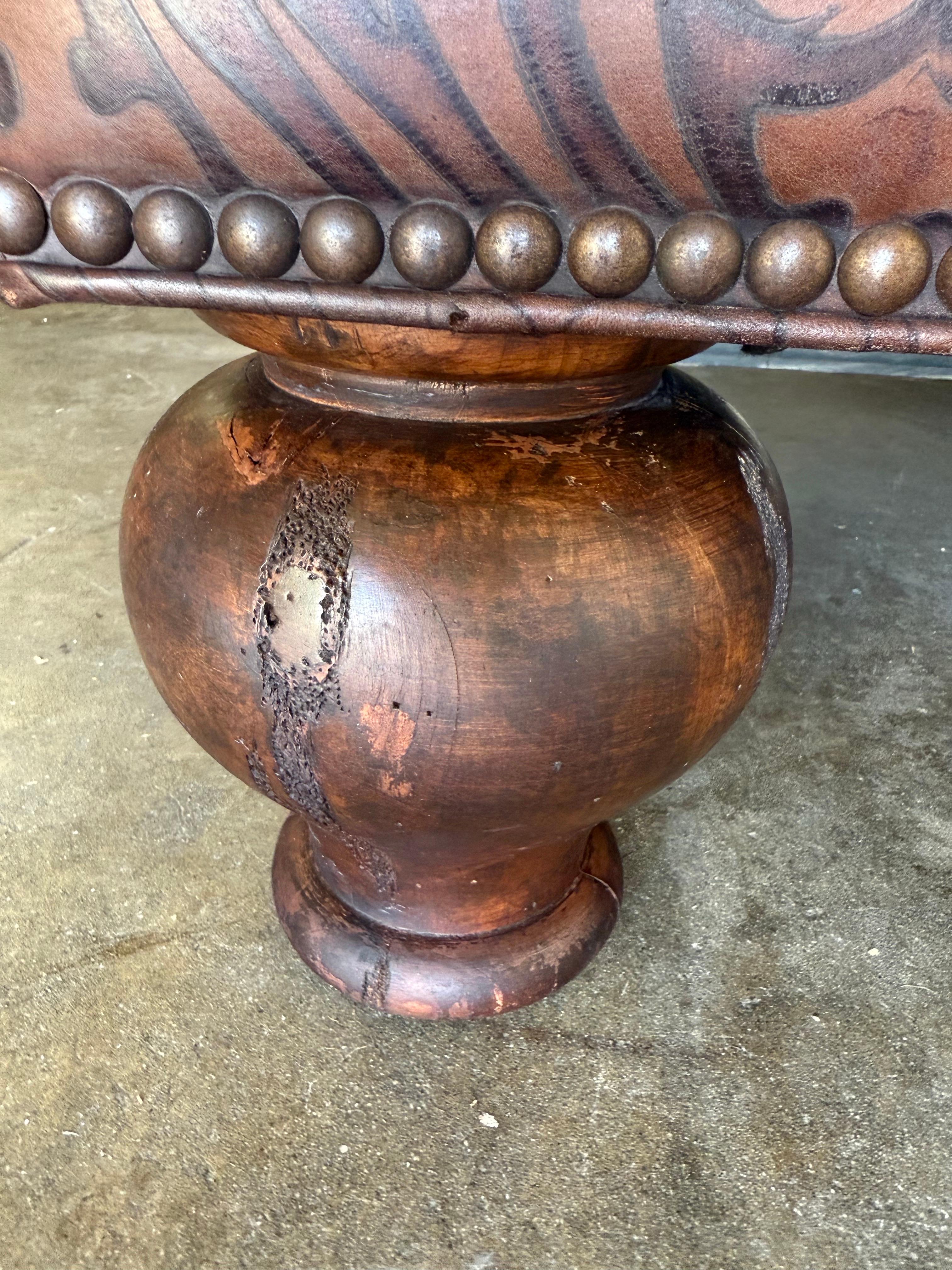 Large Embossed Leather Ottoman with Bun Feet For Sale 5