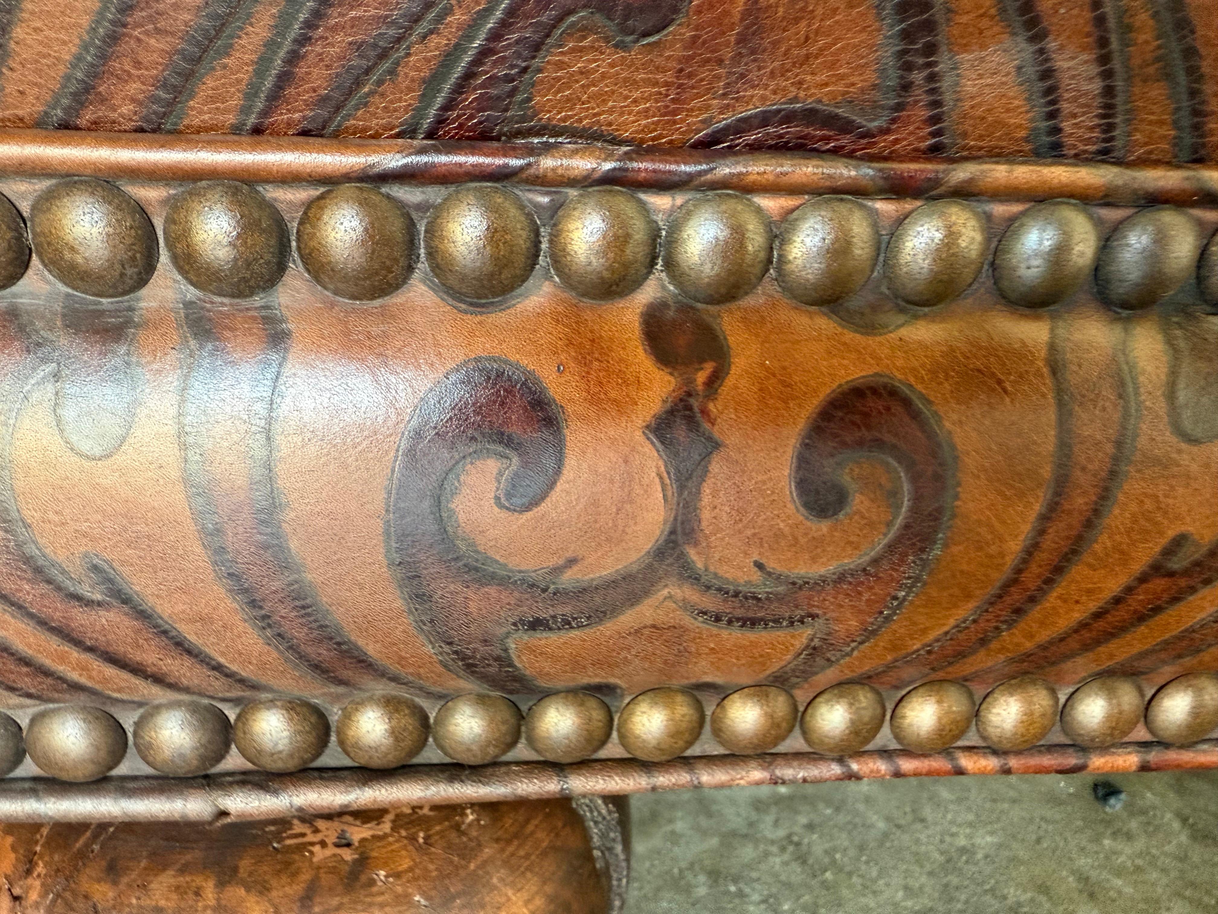 Large Embossed Leather Ottoman with Bun Feet For Sale 6