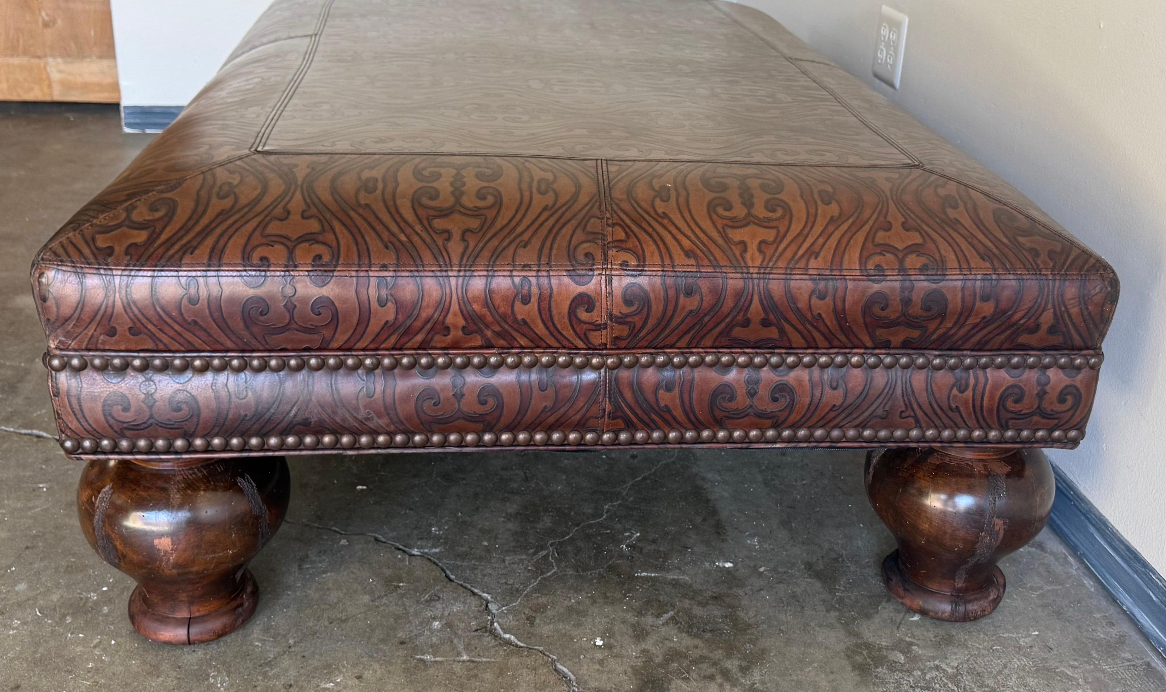 Spanish Large Embossed Leather Ottoman with Bun Feet For Sale