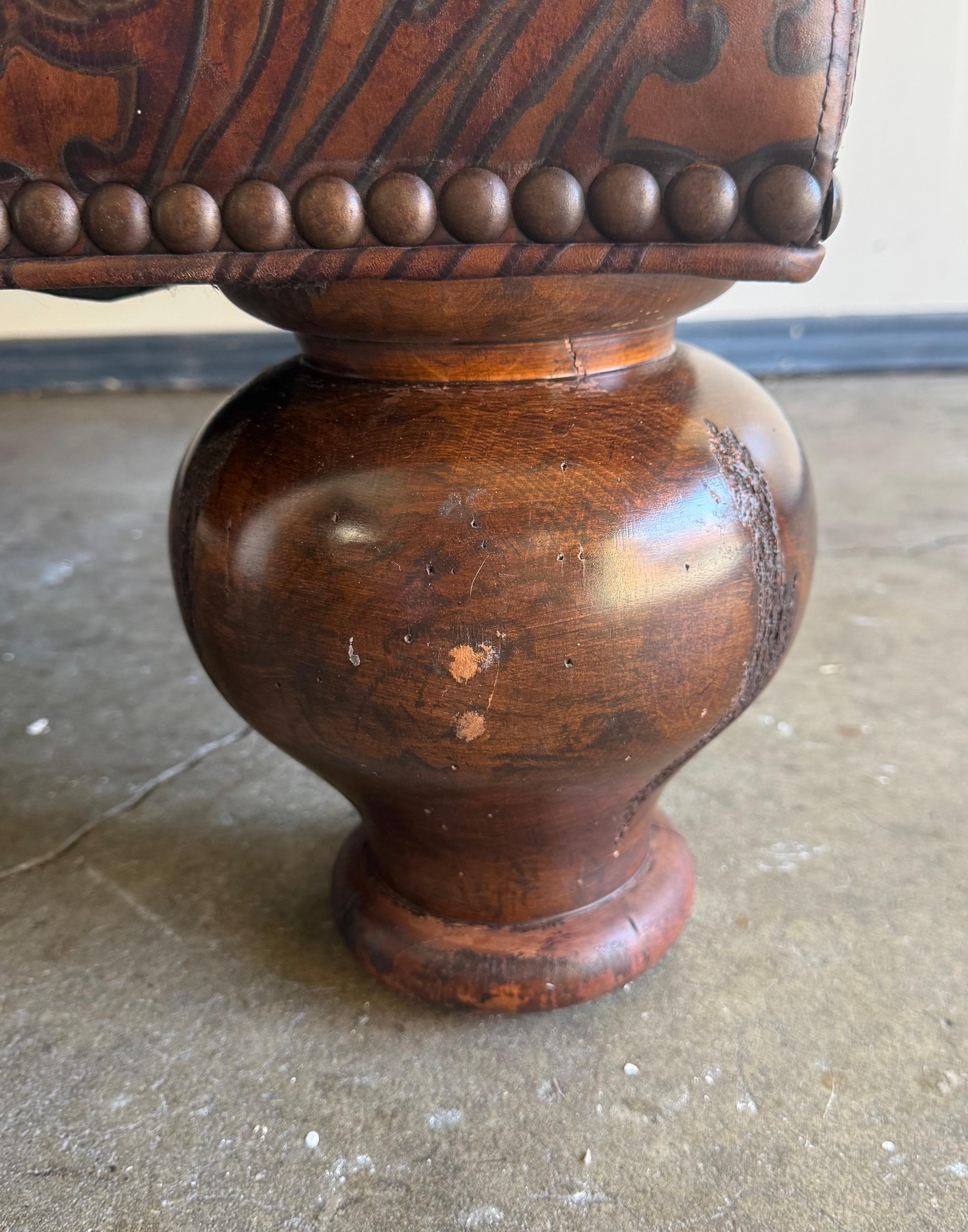 20th Century Large Embossed Leather Ottoman with Bun Feet For Sale