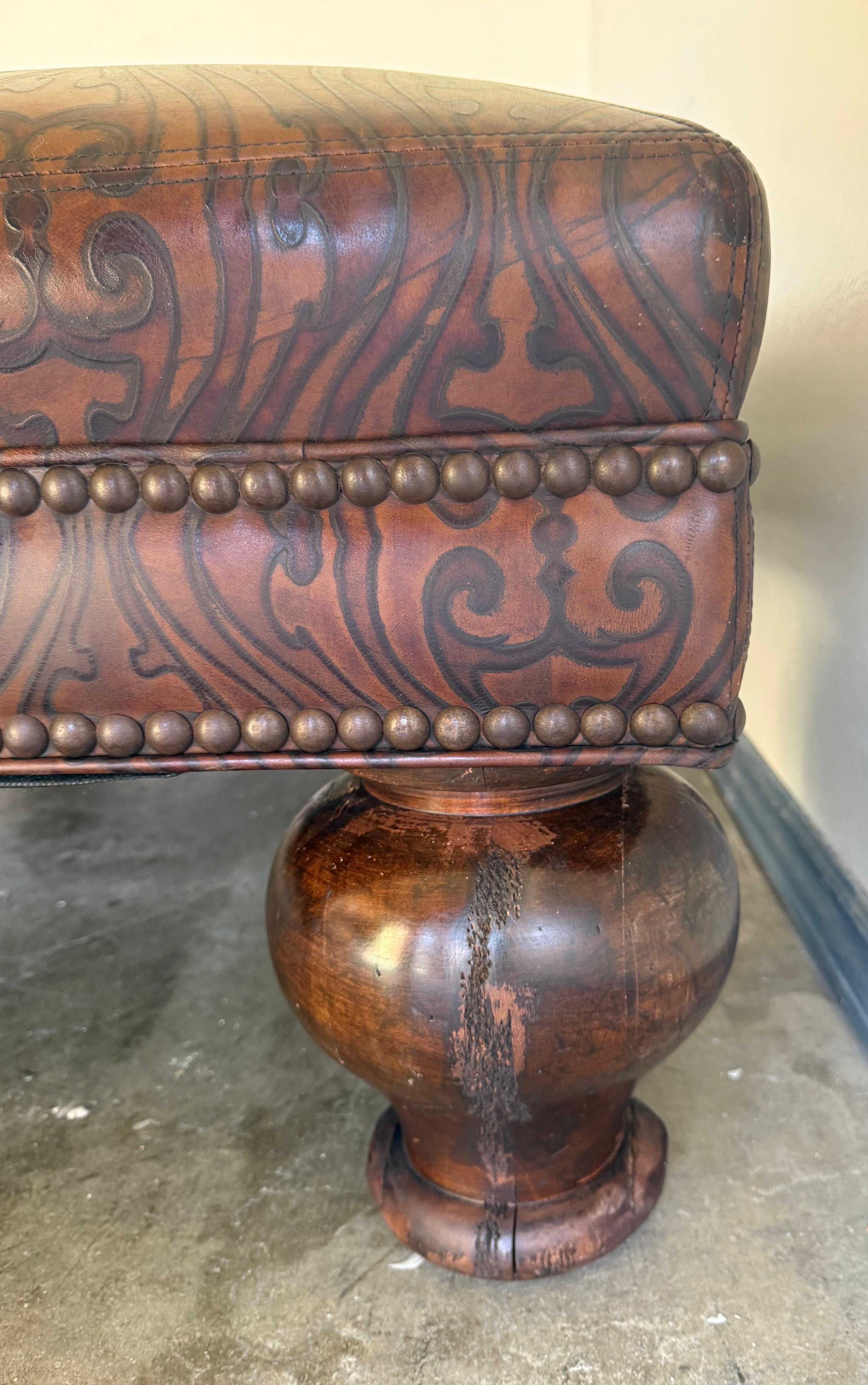 Large Embossed Leather Ottoman with Bun Feet For Sale 2