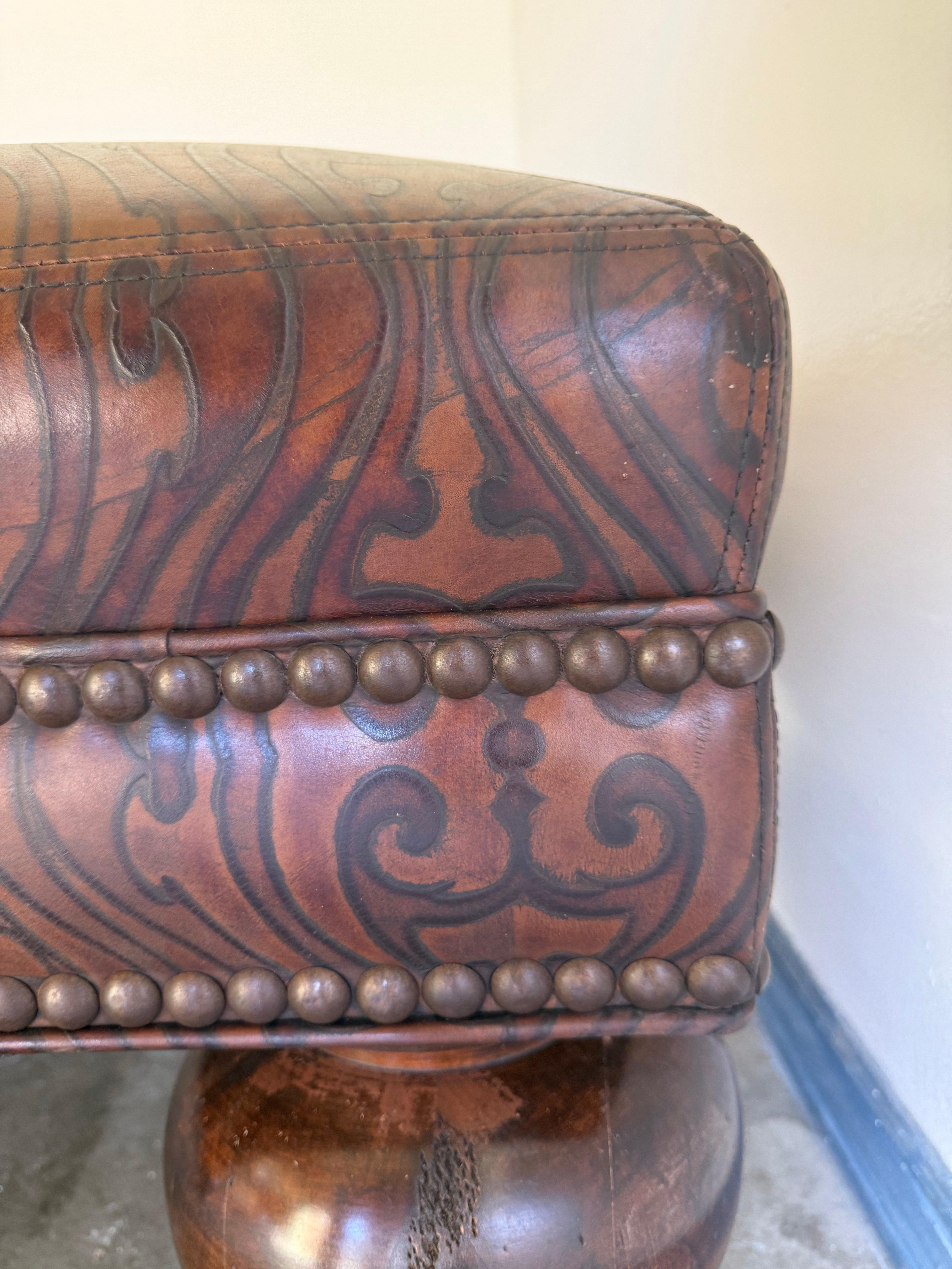 Large Embossed Leather Ottoman with Bun Feet For Sale 3