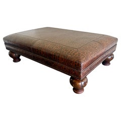 Large Embossed Leather Ottoman with Bun Feet