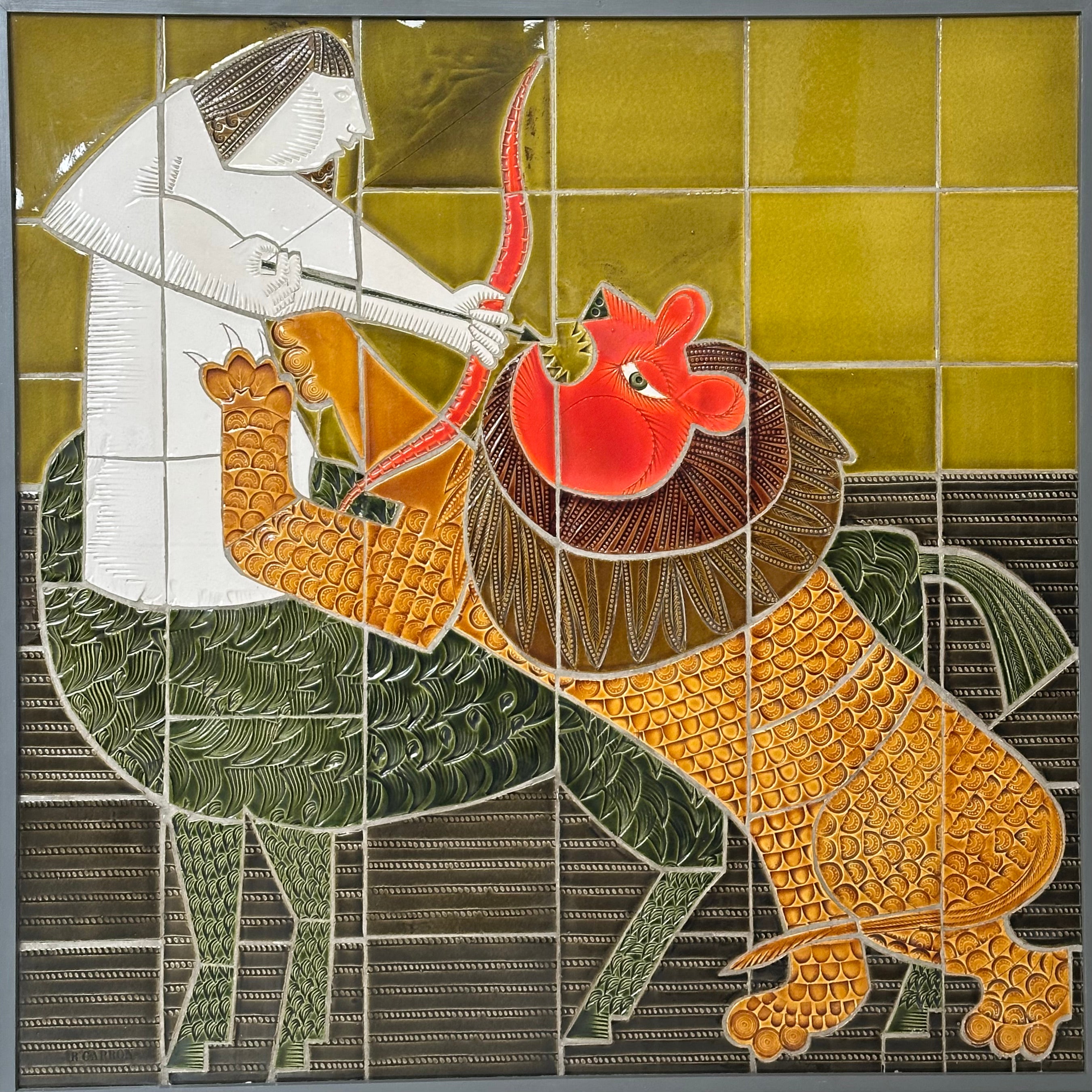 Large Stamped Stoneware Panel, Vibrant Colors, Roger Capron, 1977