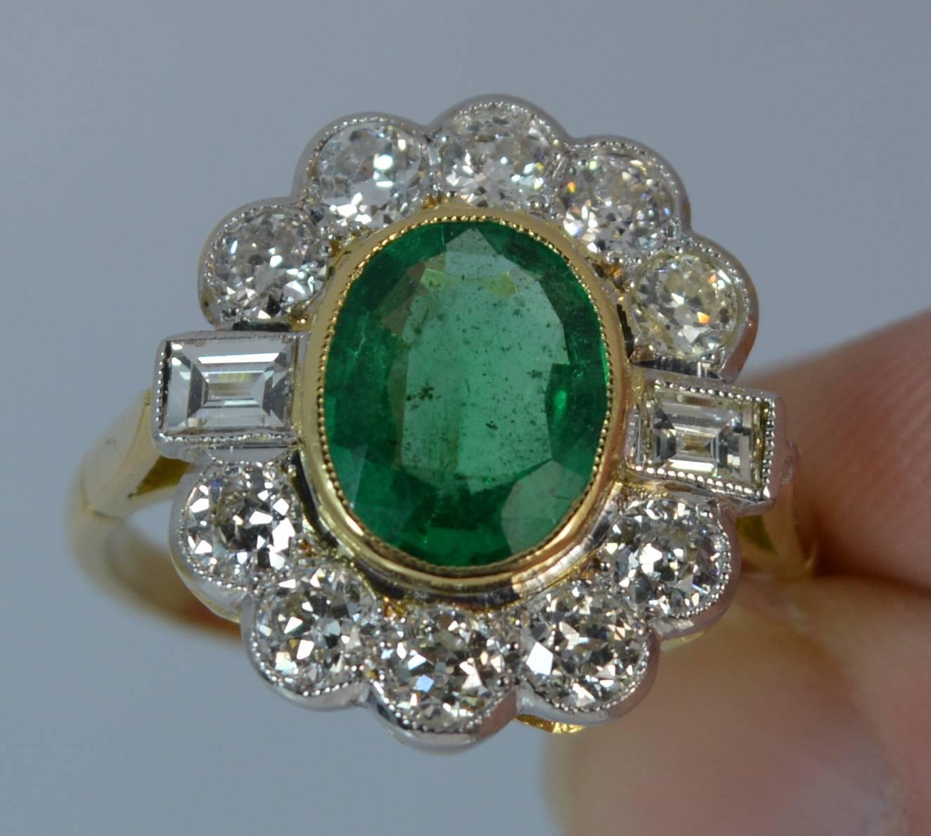 Art Deco Large Emerald and 1.30 Carat Old Cut Diamond 18 Carat Gold Cluster Ring
