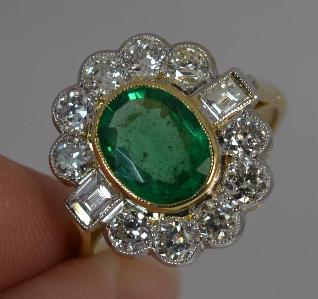 Oval Cut Large Emerald and 1.30 Carat Old Cut Diamond 18 Carat Gold Cluster Ring