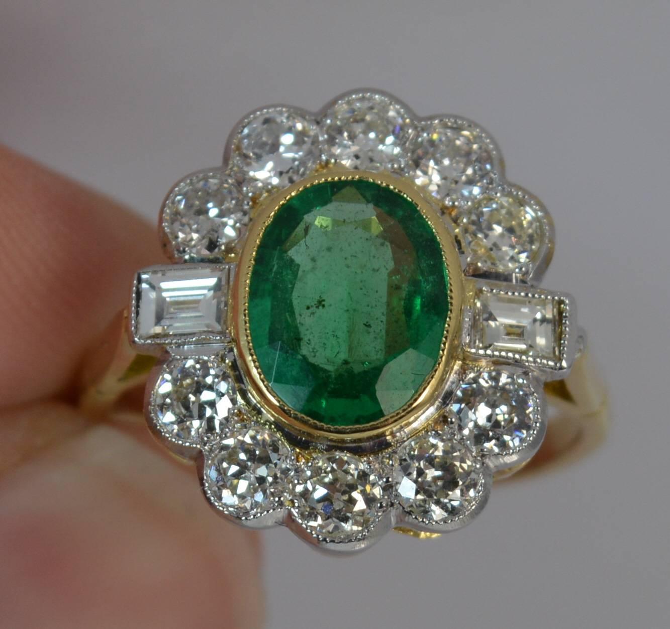Large Emerald and 1.30 Carat Old Cut Diamond 18 Carat Gold Cluster Ring In Excellent Condition In St Helens, GB
