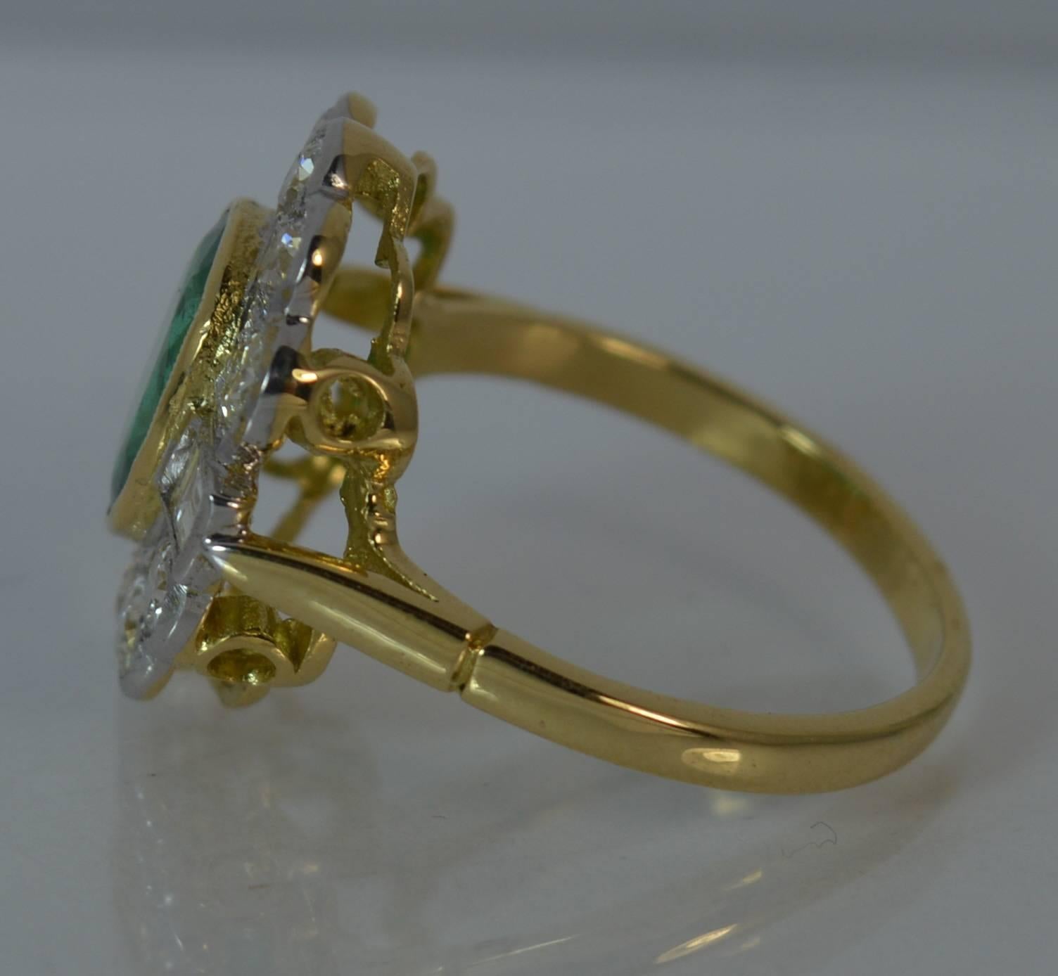 Women's Large Emerald and 1.30 Carat Old Cut Diamond 18 Carat Gold Cluster Ring