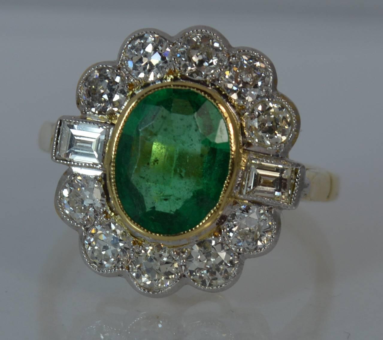 Large Emerald and 1.30 Carat Old Cut Diamond 18 Carat Gold Cluster Ring 3